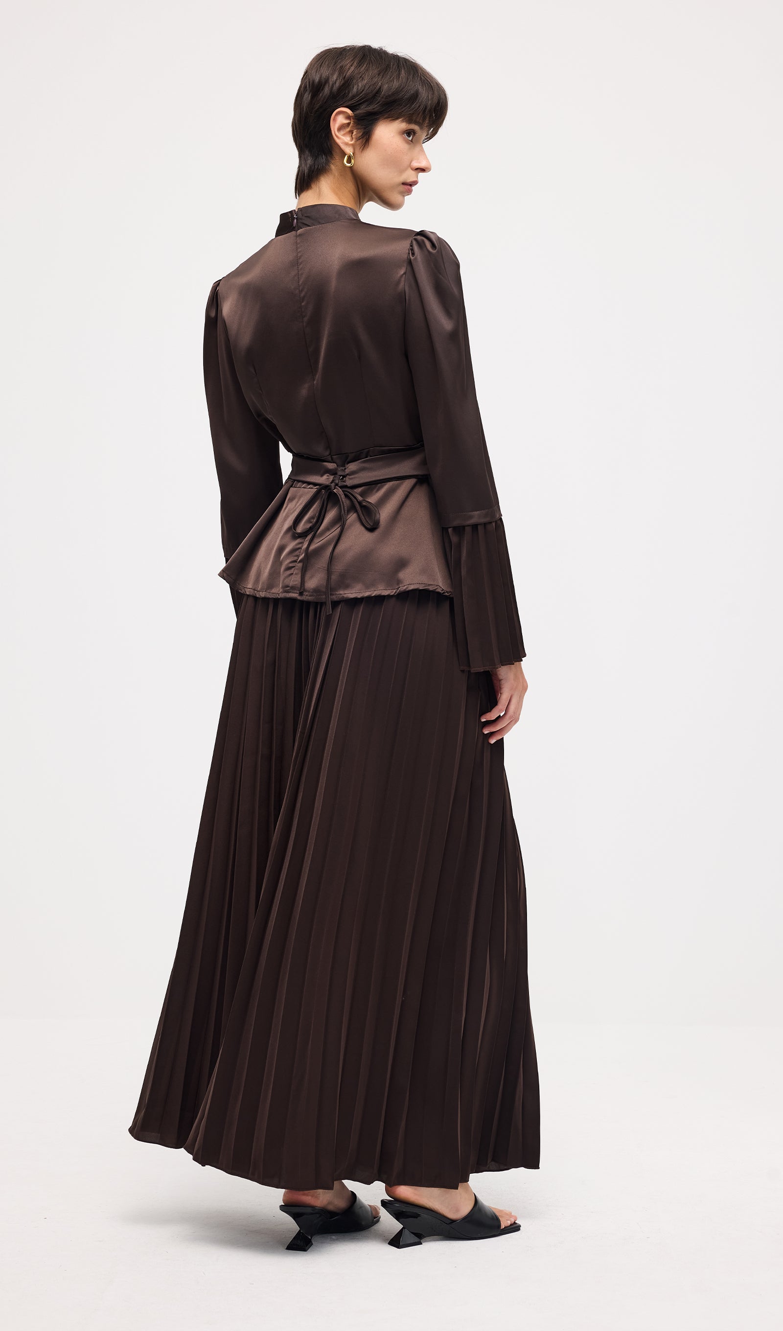 Solid Pleated Peplum Two Piece Set Maxi Skirt