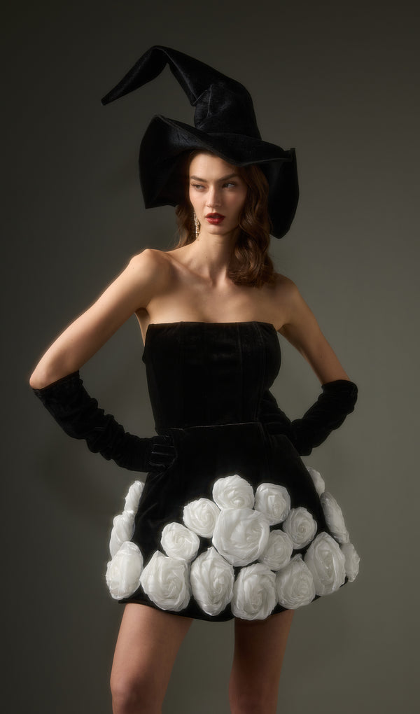 Black Off Shoulder Flower Mini Dress