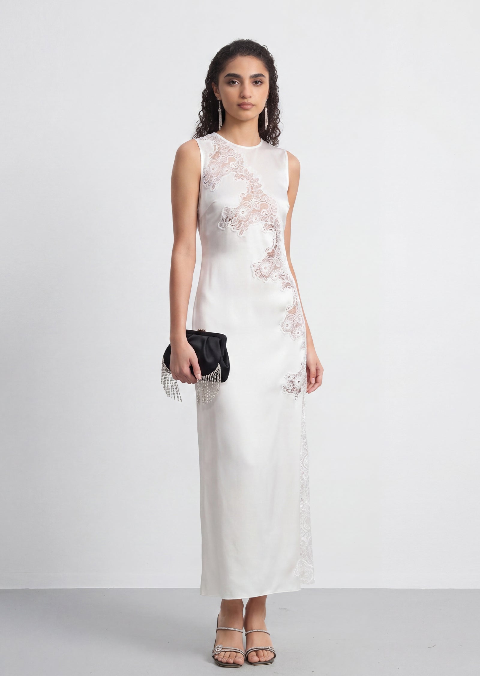 Quilla Lace Satin Midi Dress In White