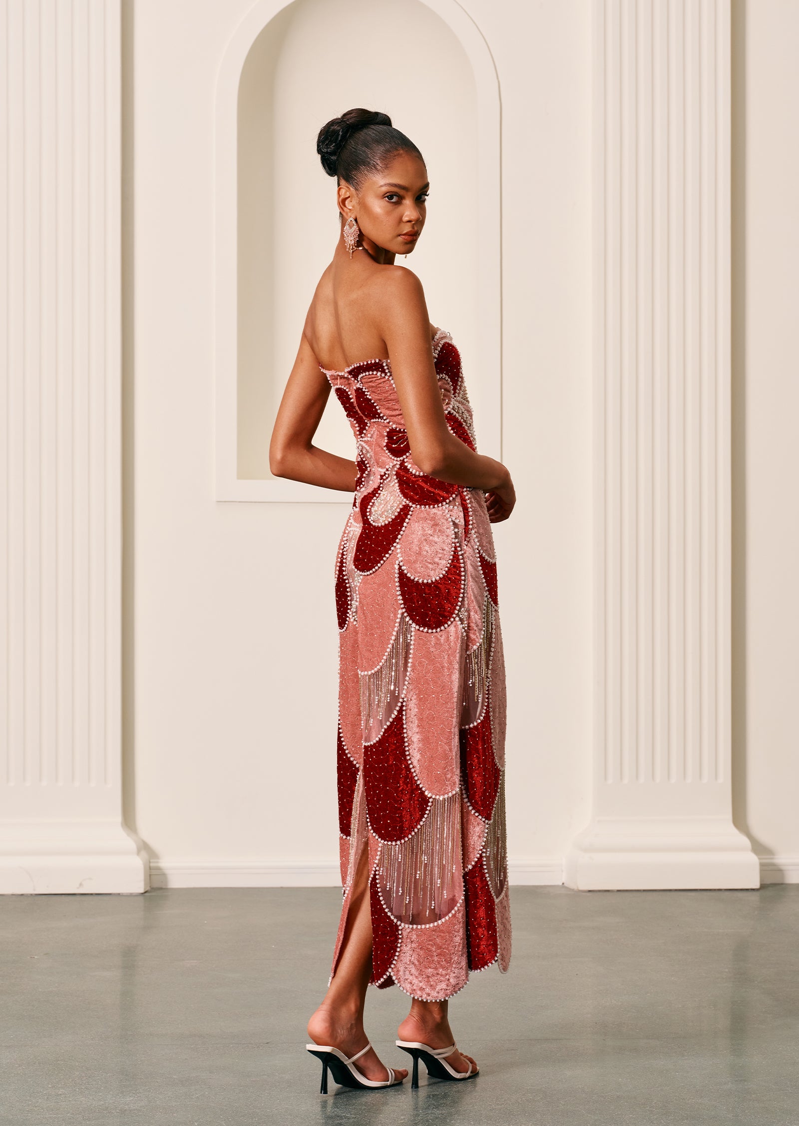 Off Shoulder Embroidered Velvet Gown