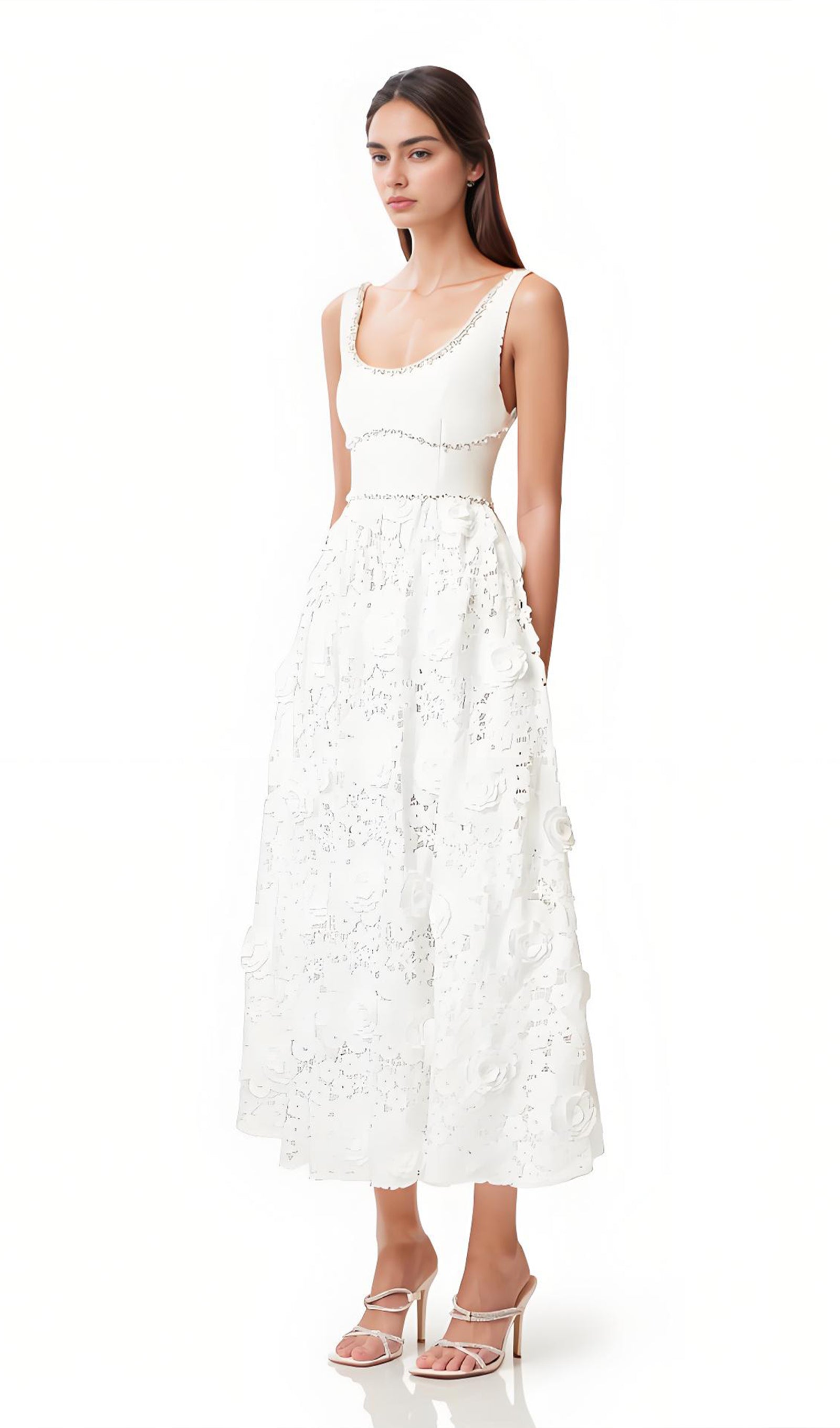Sleeveless Embellished Lace Midi Dress