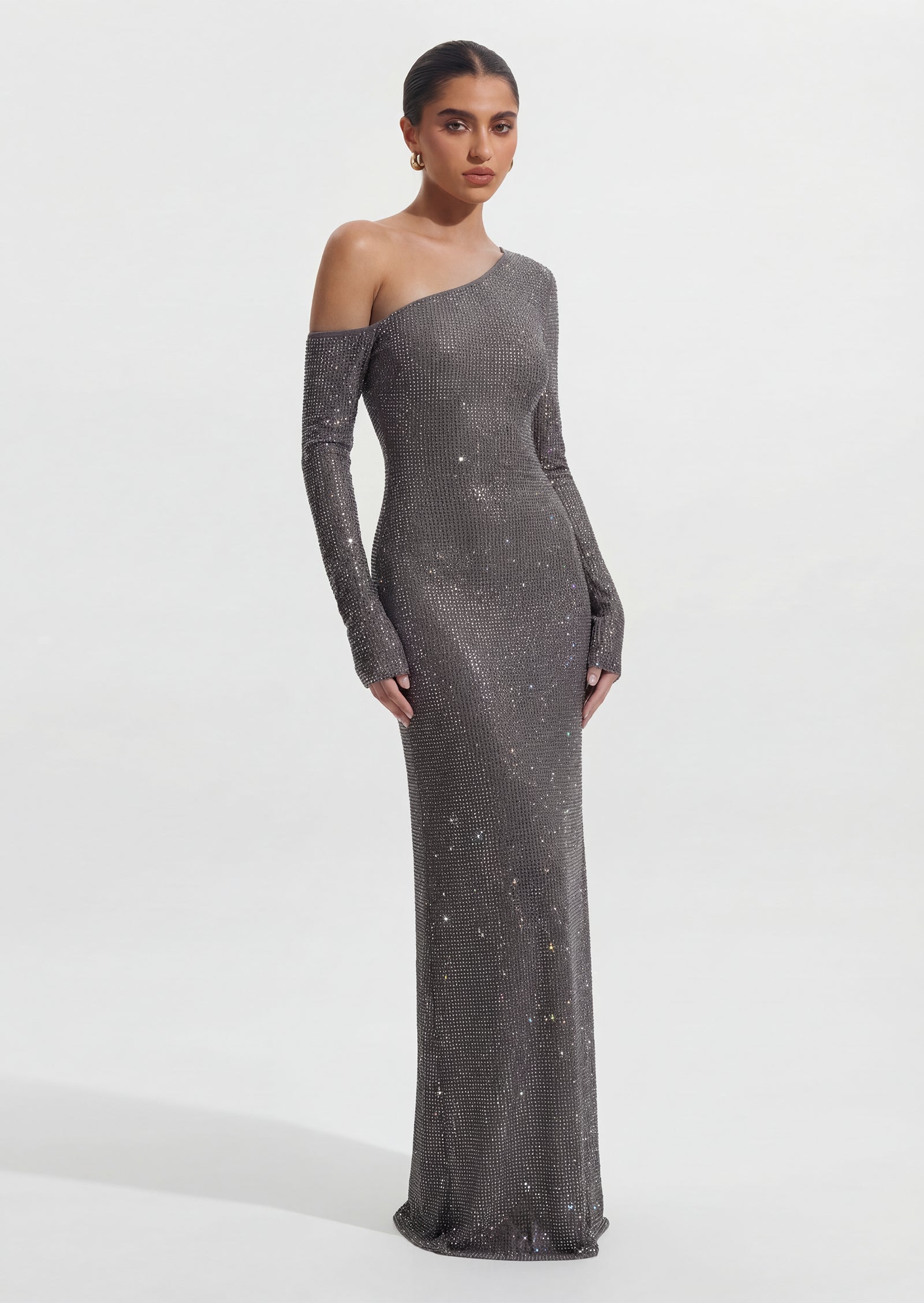 Diamante Long Sleeve Maxi Dress In Gunmetal