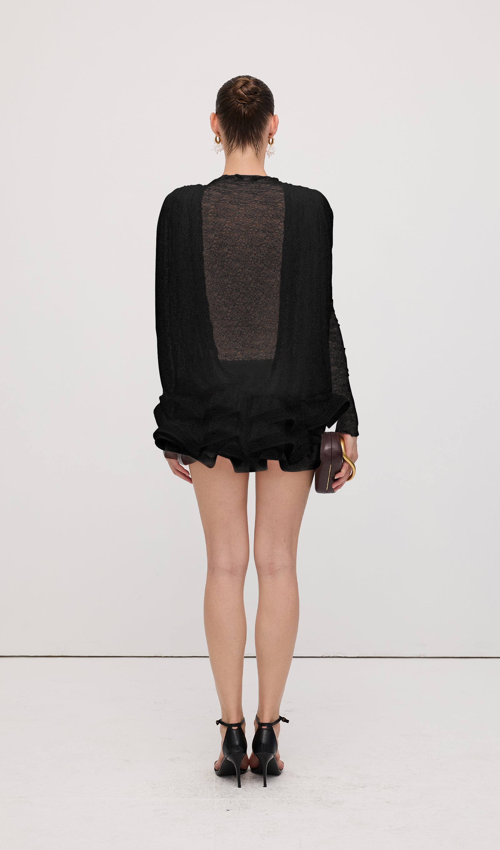 Lace Semi Sheer Ruffled Mini Dress In Black