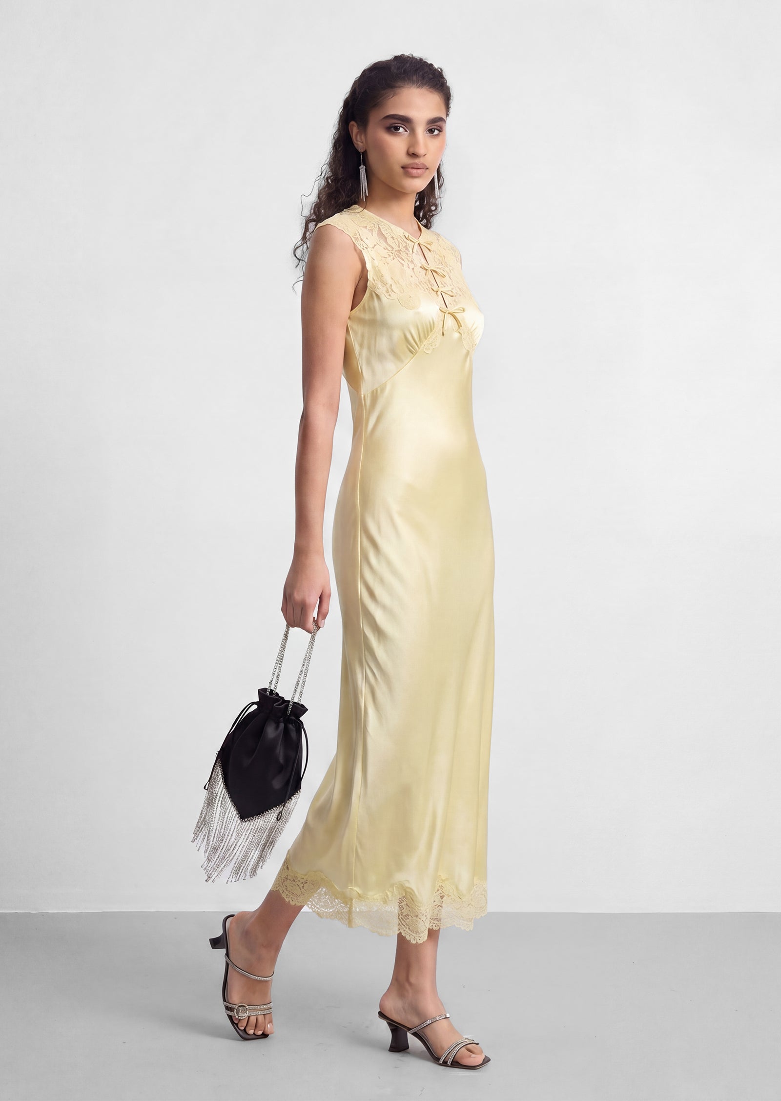 Marcelle Satin Midi Dress With Lace In Pale Yellow