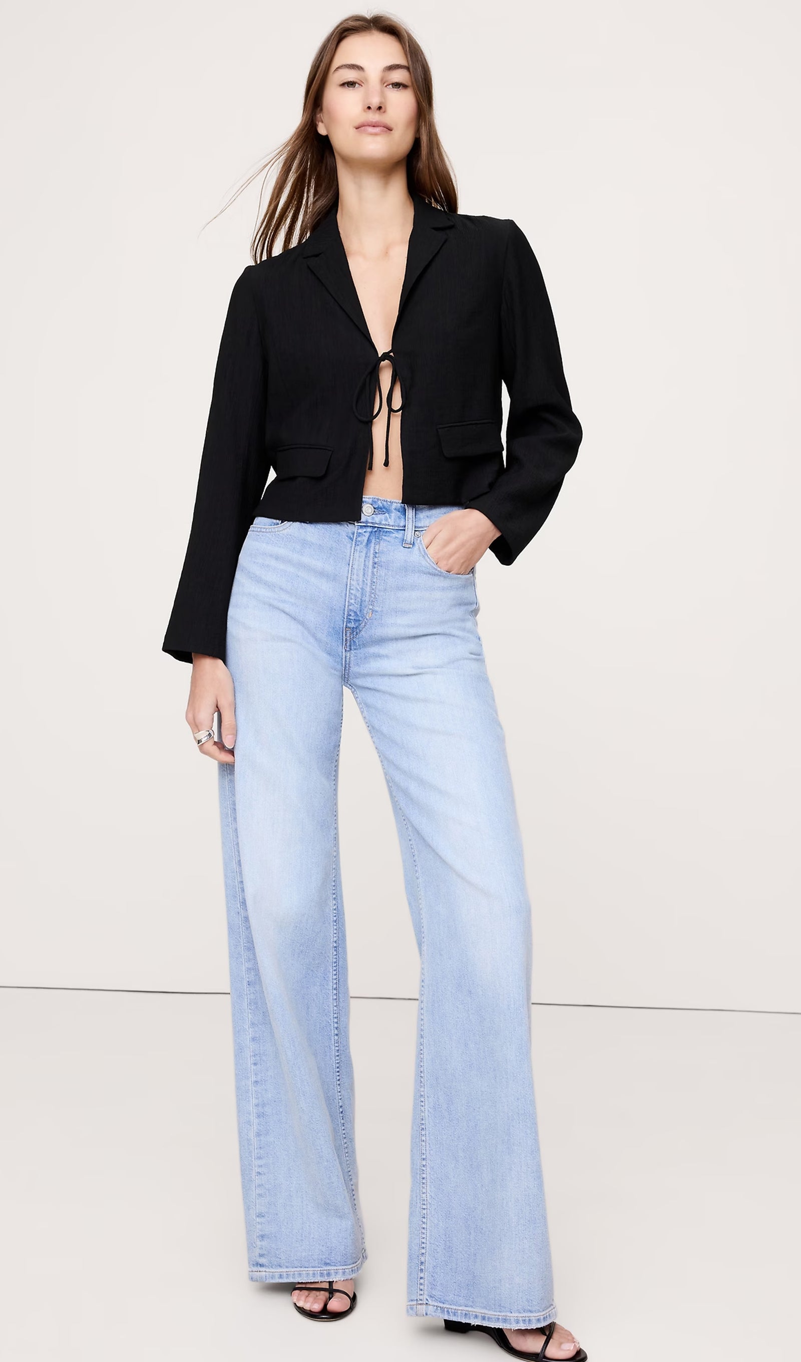 Tie Front Cropped Blazer & Wide Leg Pants Sets