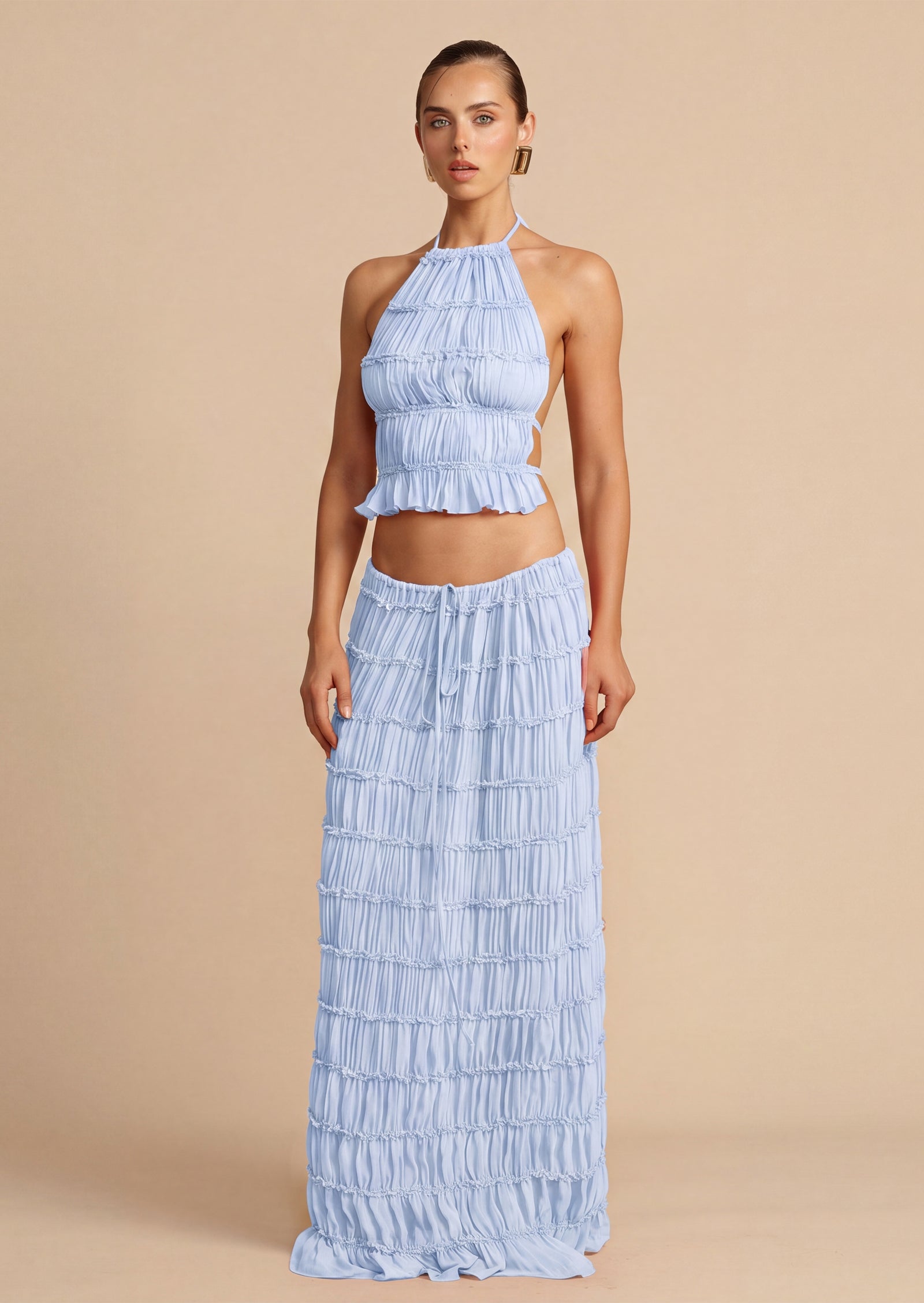 Halter Top & Ruched Detail Maxi Skirt Sets