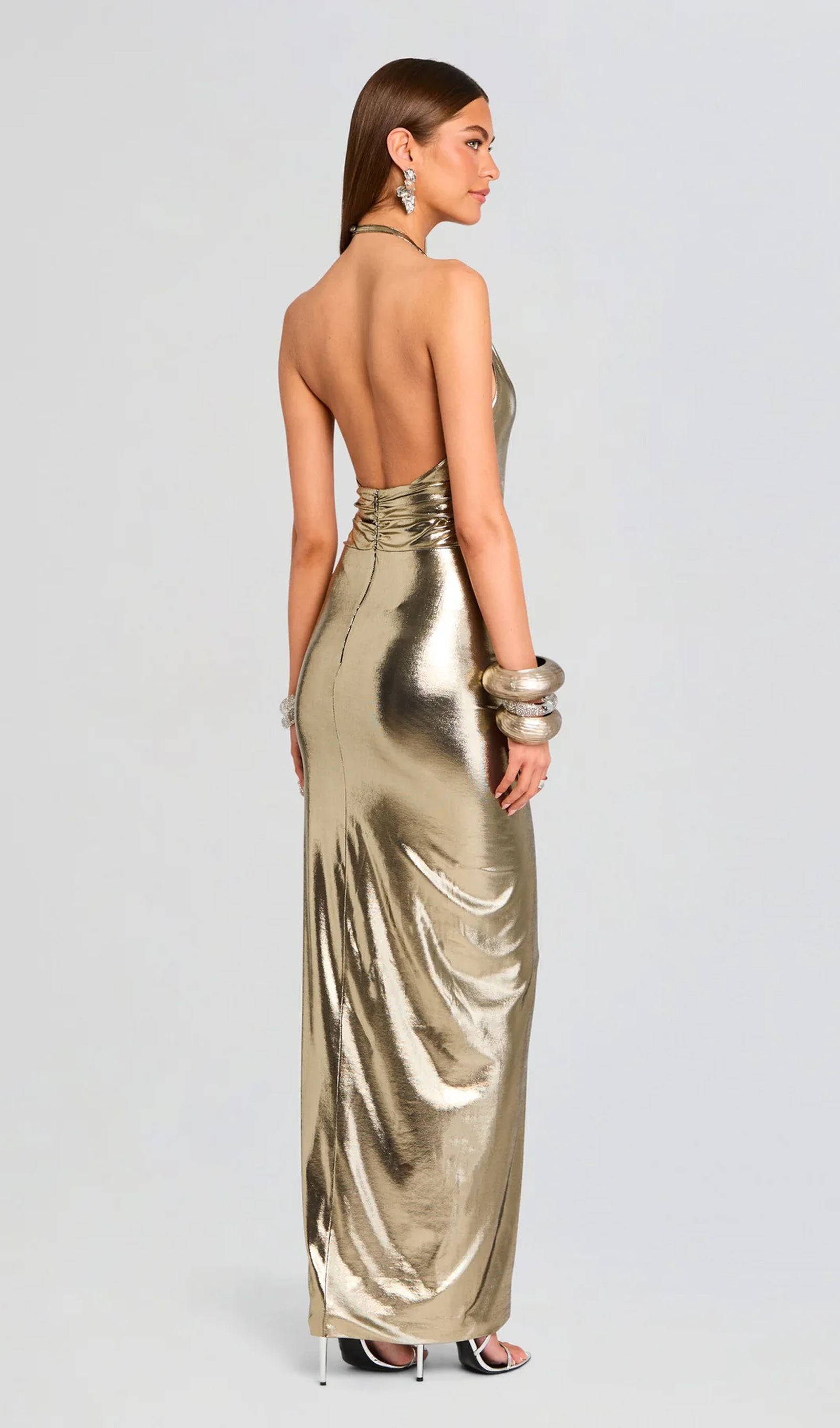 Lame High Neck Twist Detail Maxi Dress