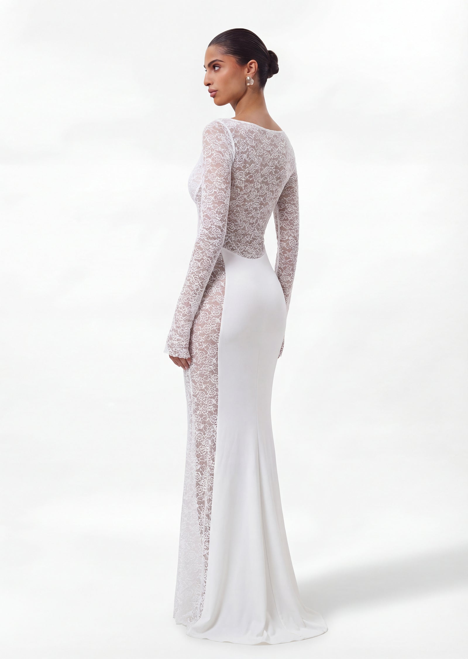 Long Sleeve Lace Panelled Maxi Dress In White