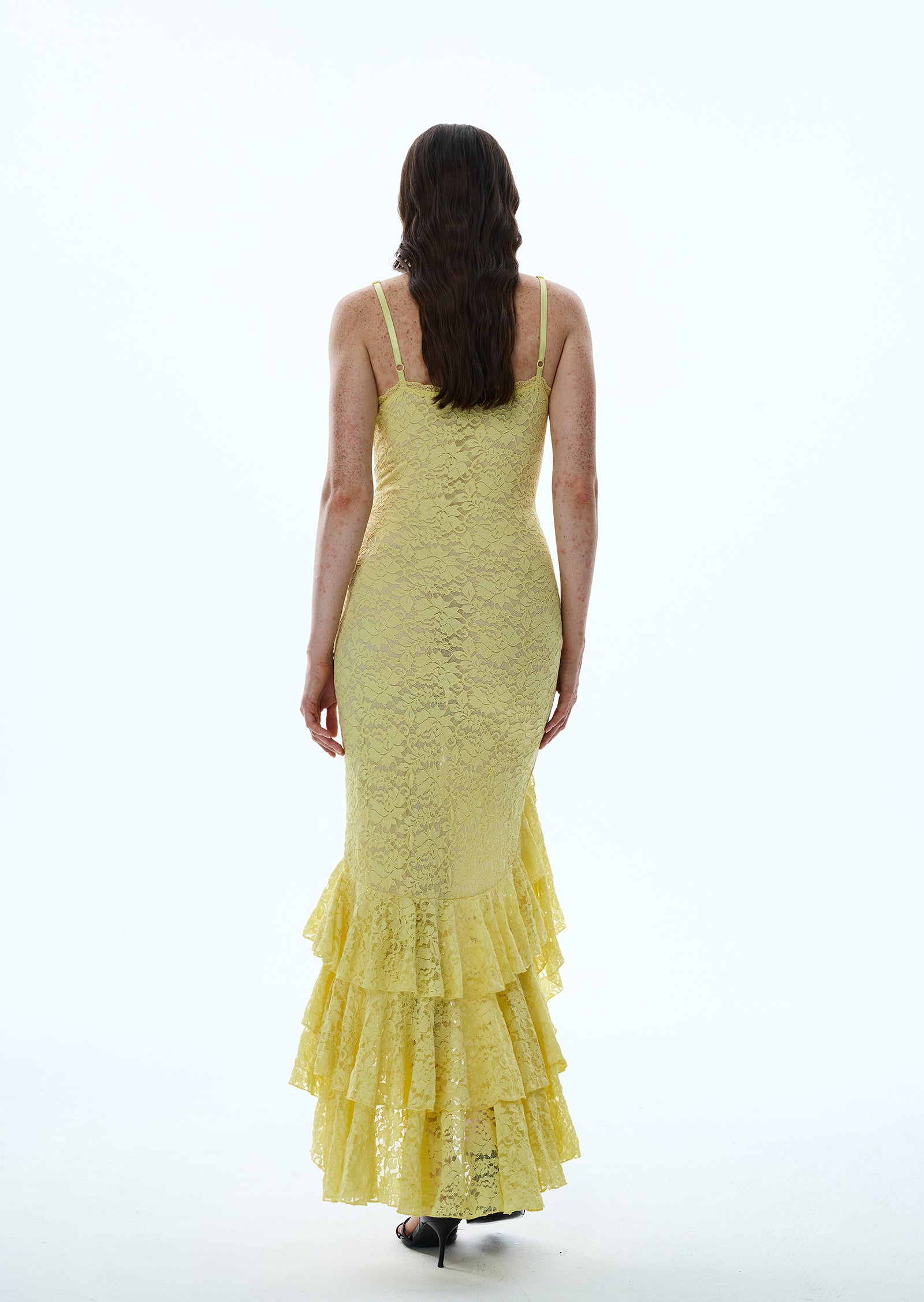 Kalliste Lace Ruffle Maxi Dress In Lemon Yellow