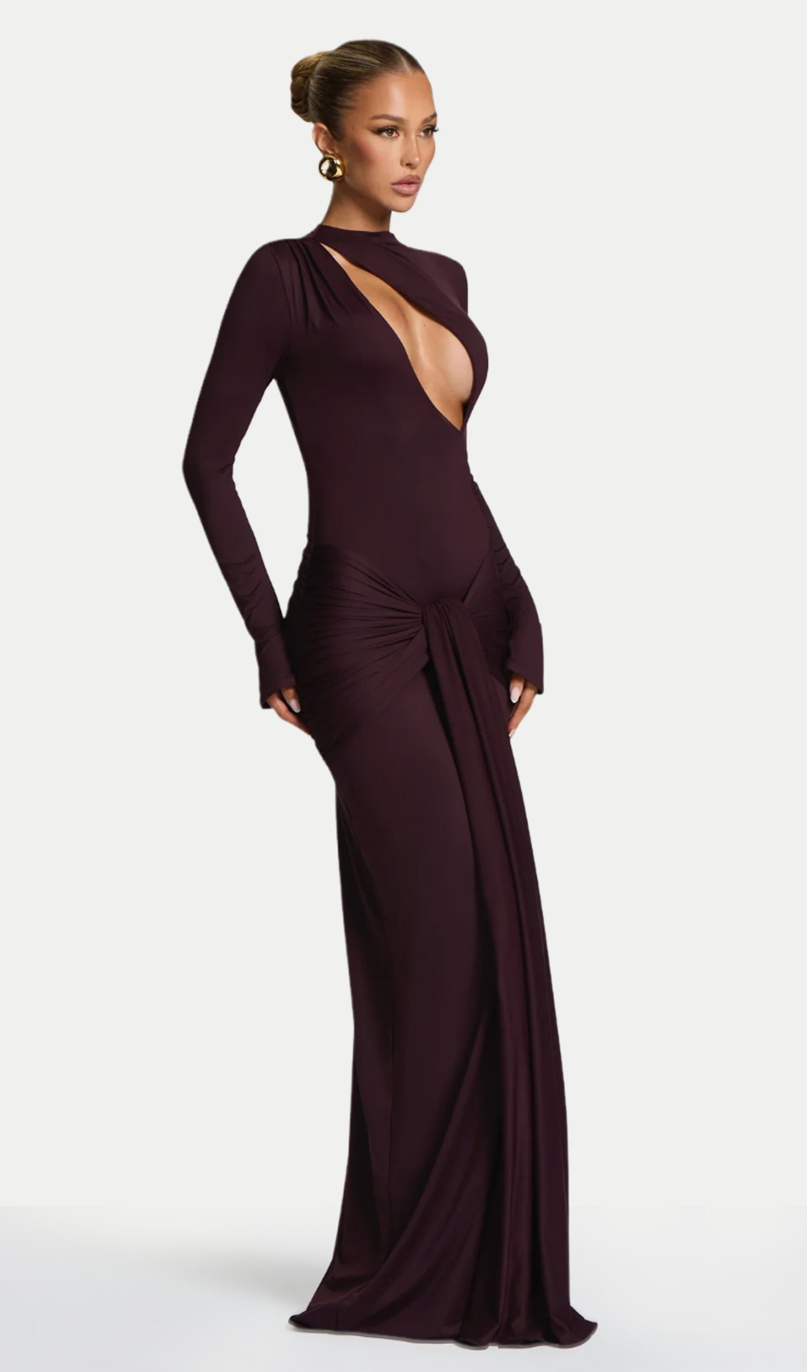 Solid Gathered Tie Cut-Out Maxi Dress