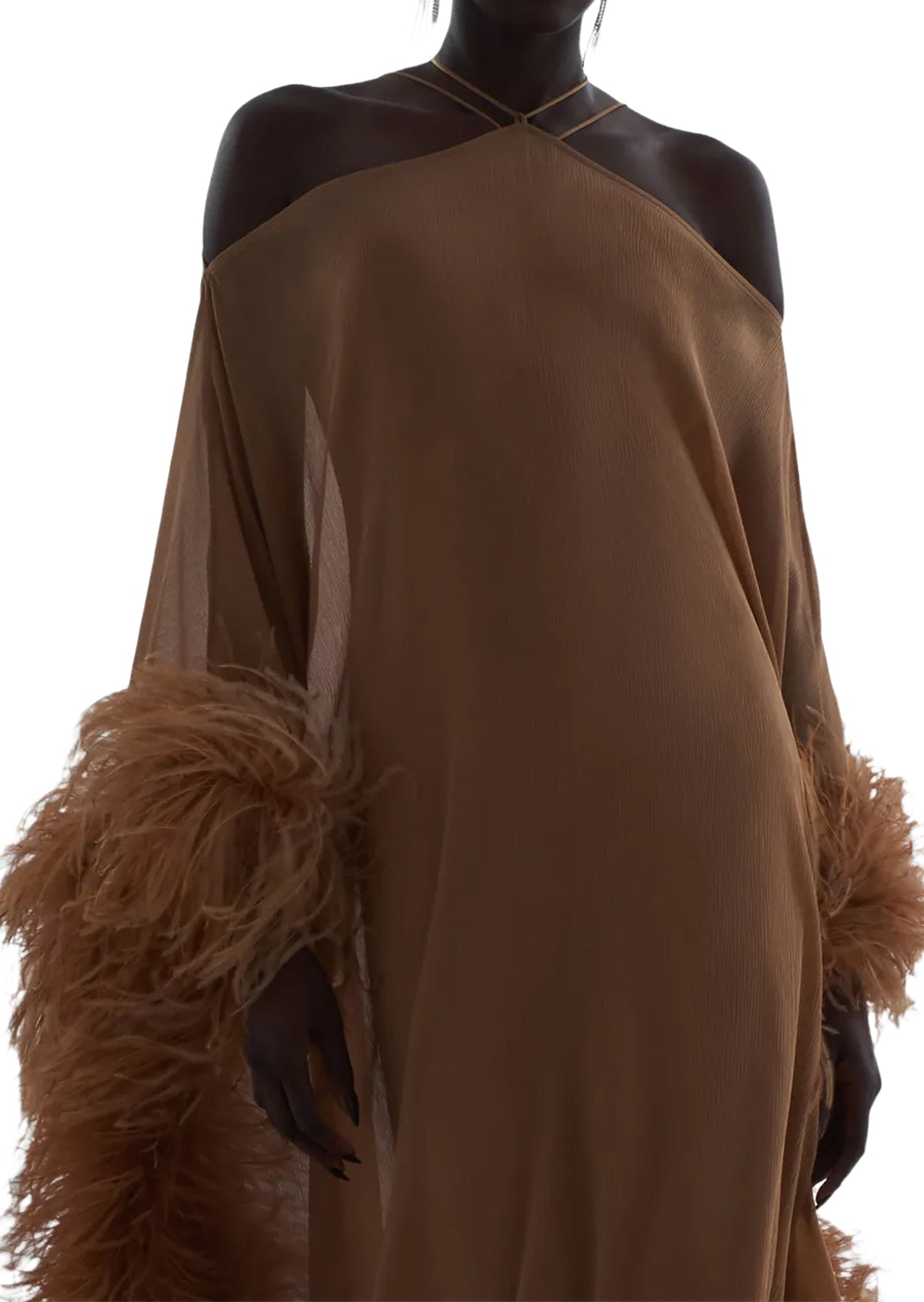Paget Halter Neck Ostrich Feather Maxi Dress In Camel