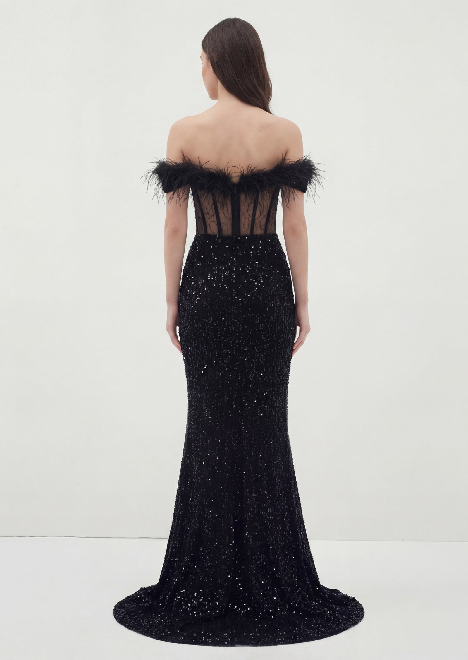 Sparkle Embroidered Feather Bustier Maxi Dress