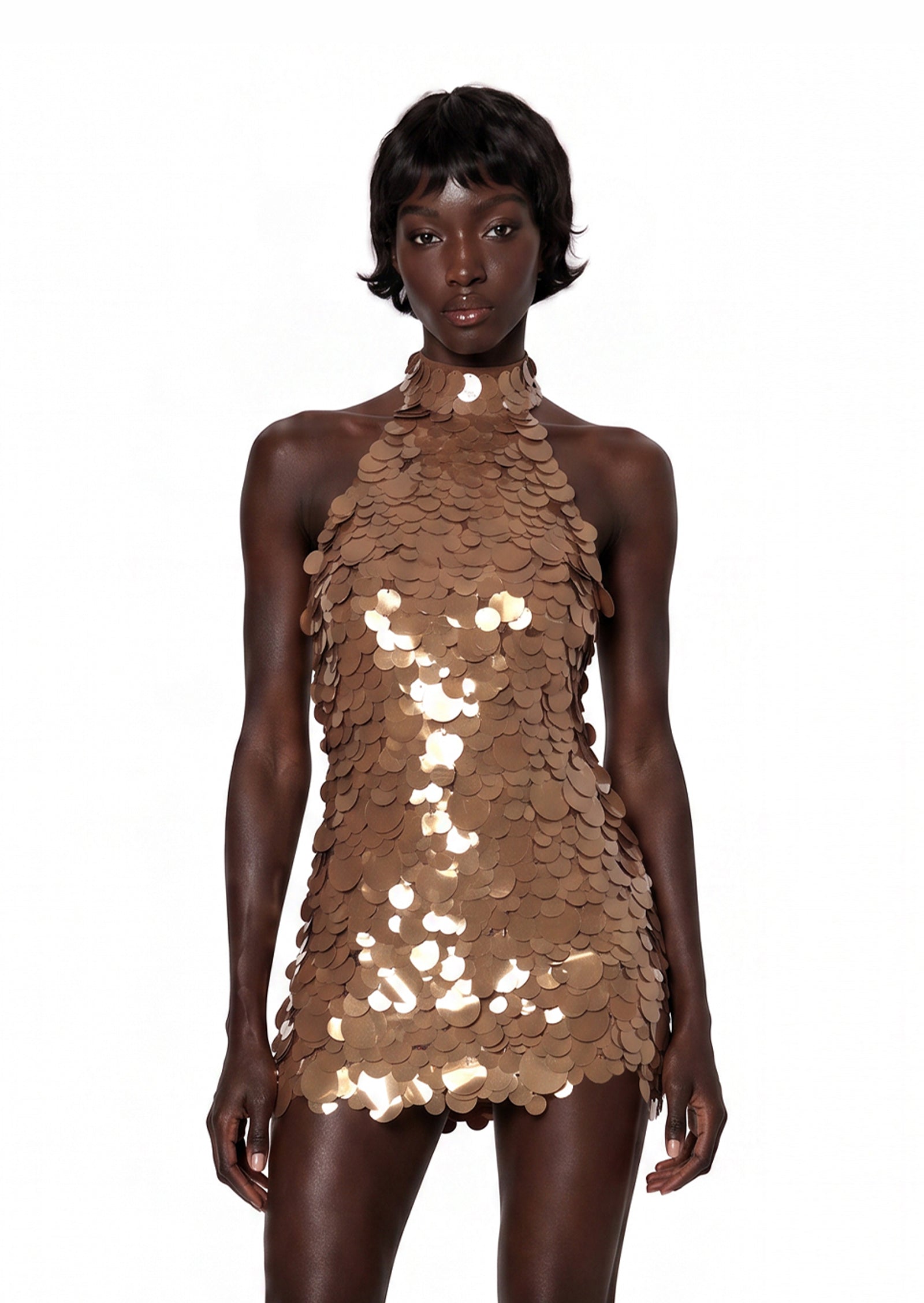 Ibtesam Halter Neck Sleeveless Mini Dress In Brown