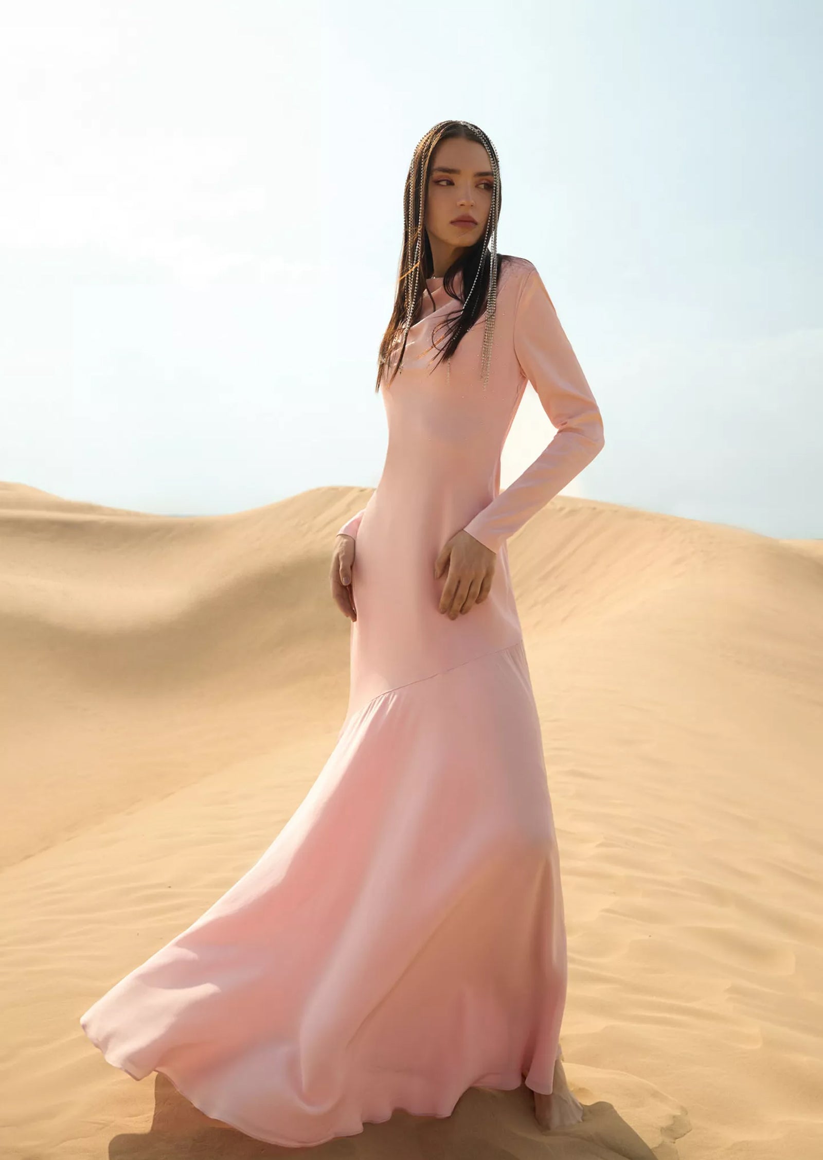 Fitted Satin With Rhinestones Maxi Dress