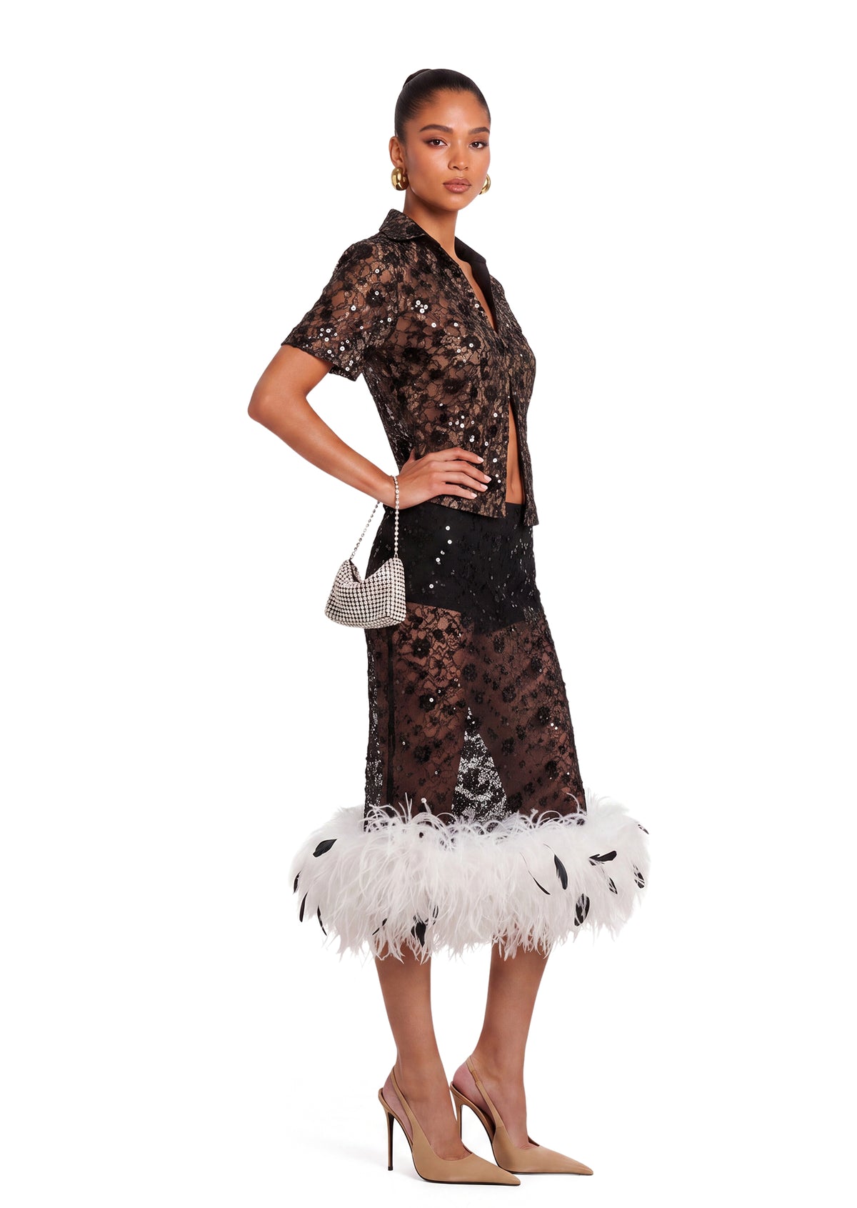 Uhuro Sequined Shirt & Feather Midi Skirt Set