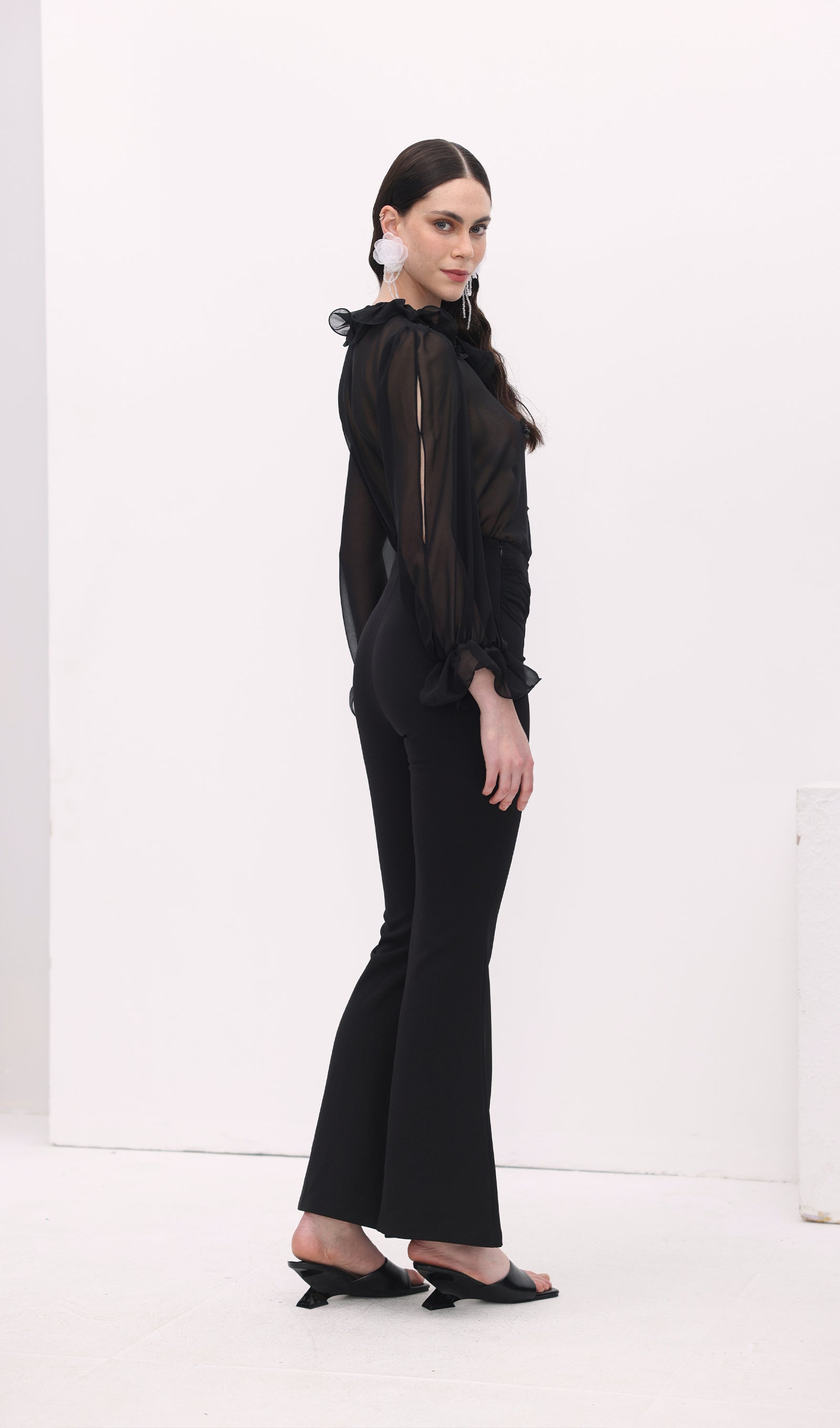 Florwer Detail High Waist Flared Trousers