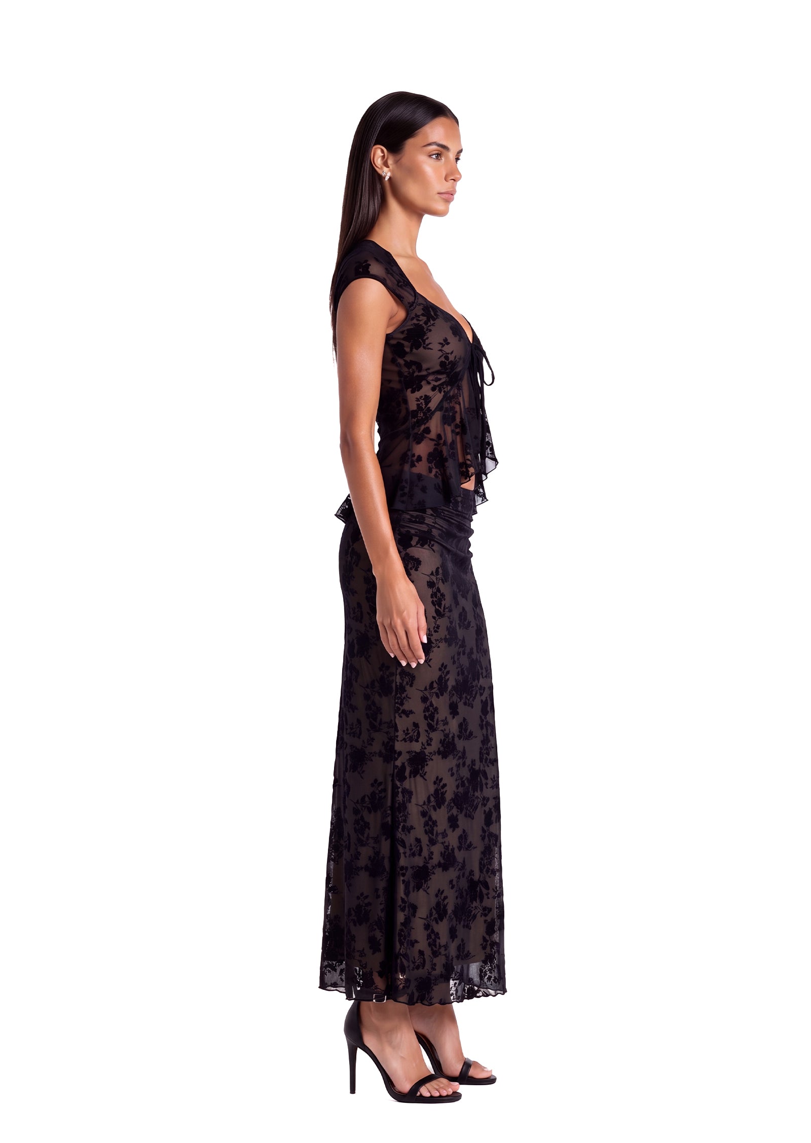 Bacca Lace Top And Midi Skirt Set In Black