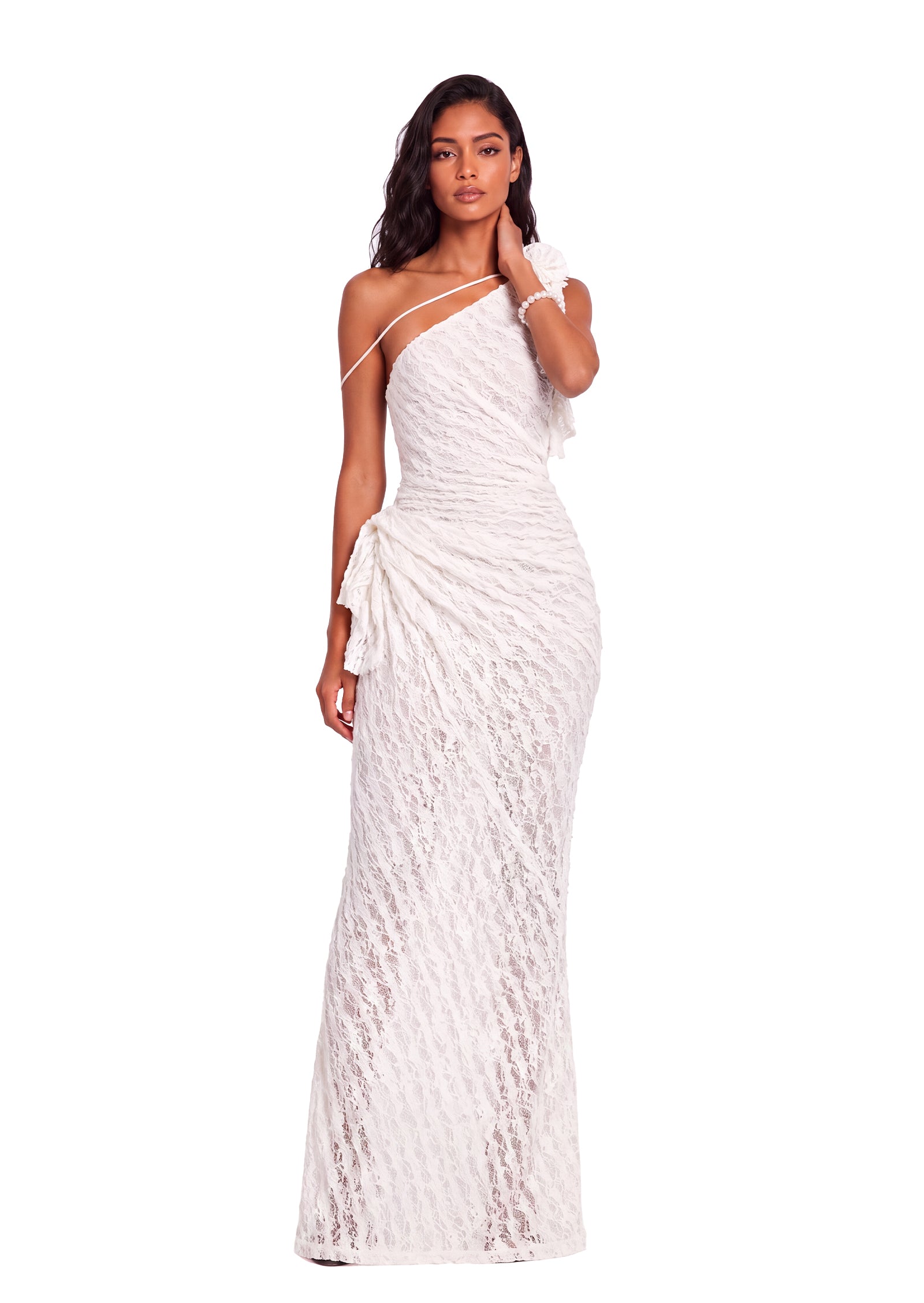 Wade One Shoulder Lace Maxi Dress In White
