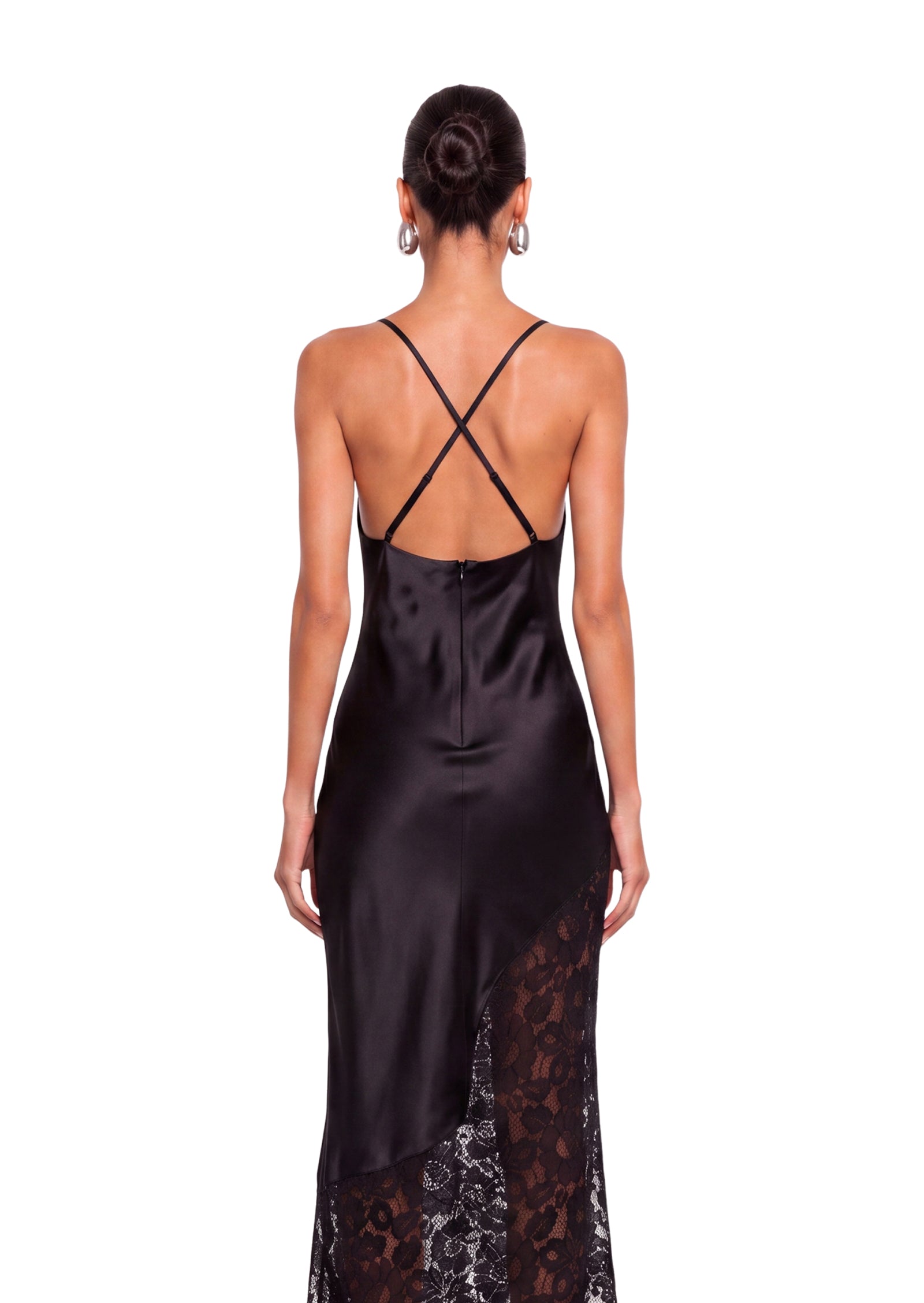 V Neck Satin Maxi Dress With Lace In Black