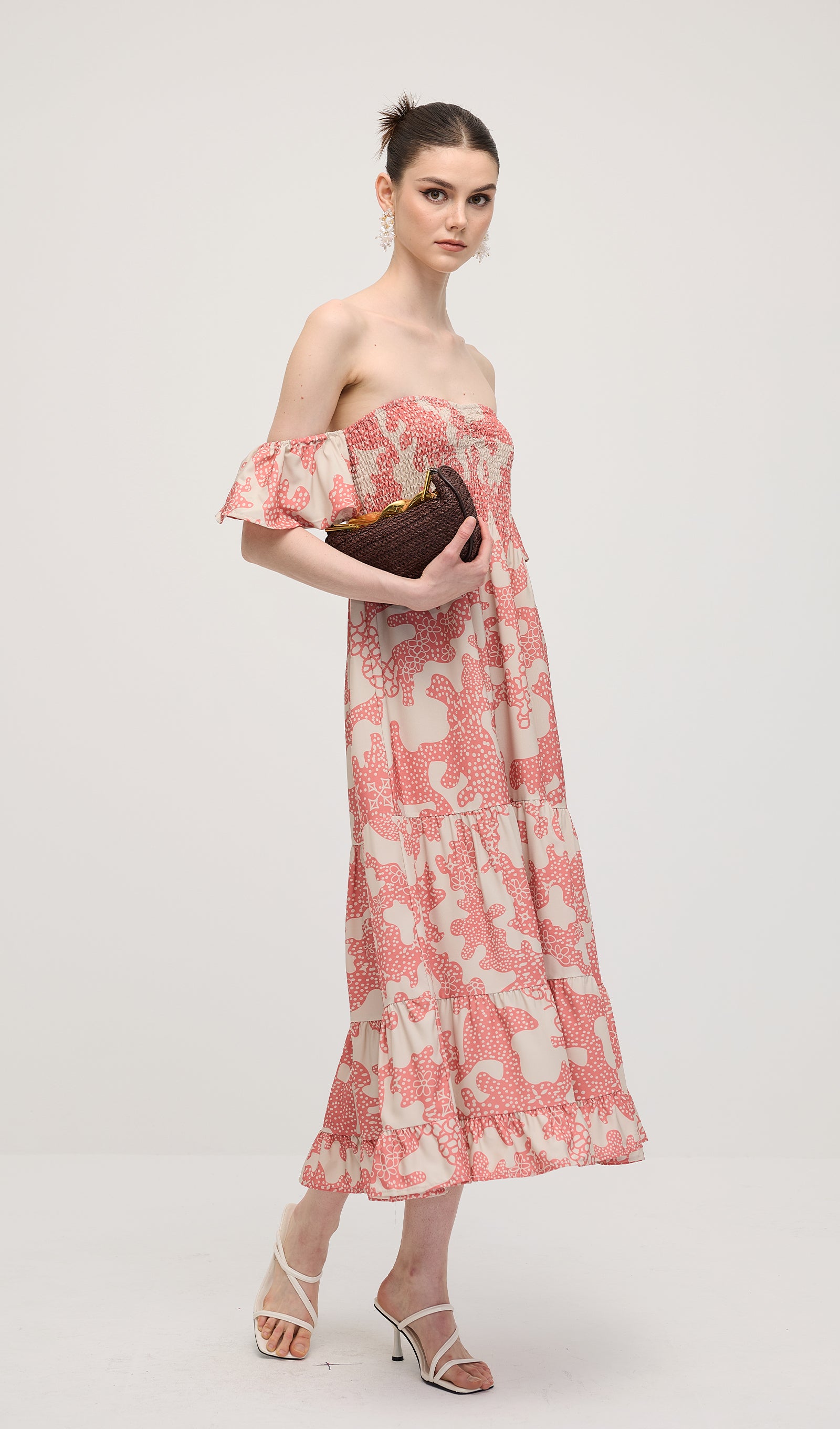 Off Shoulder Smocked Ruffle Printed Midi Dress