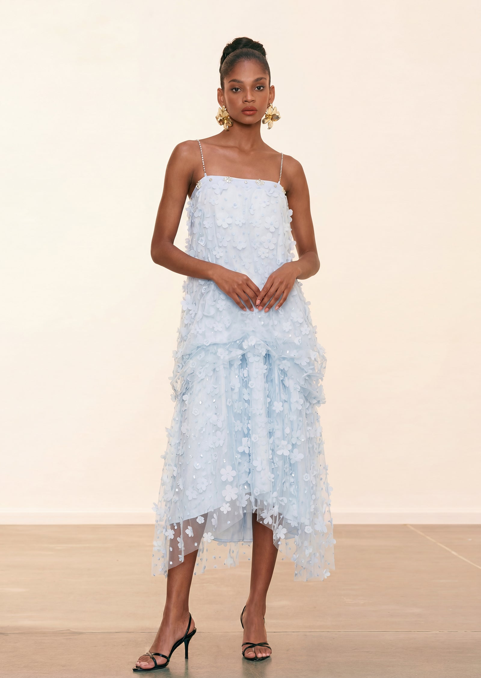 Midikleid in A-Linie mit Blumenmuster und Laternenärmeln