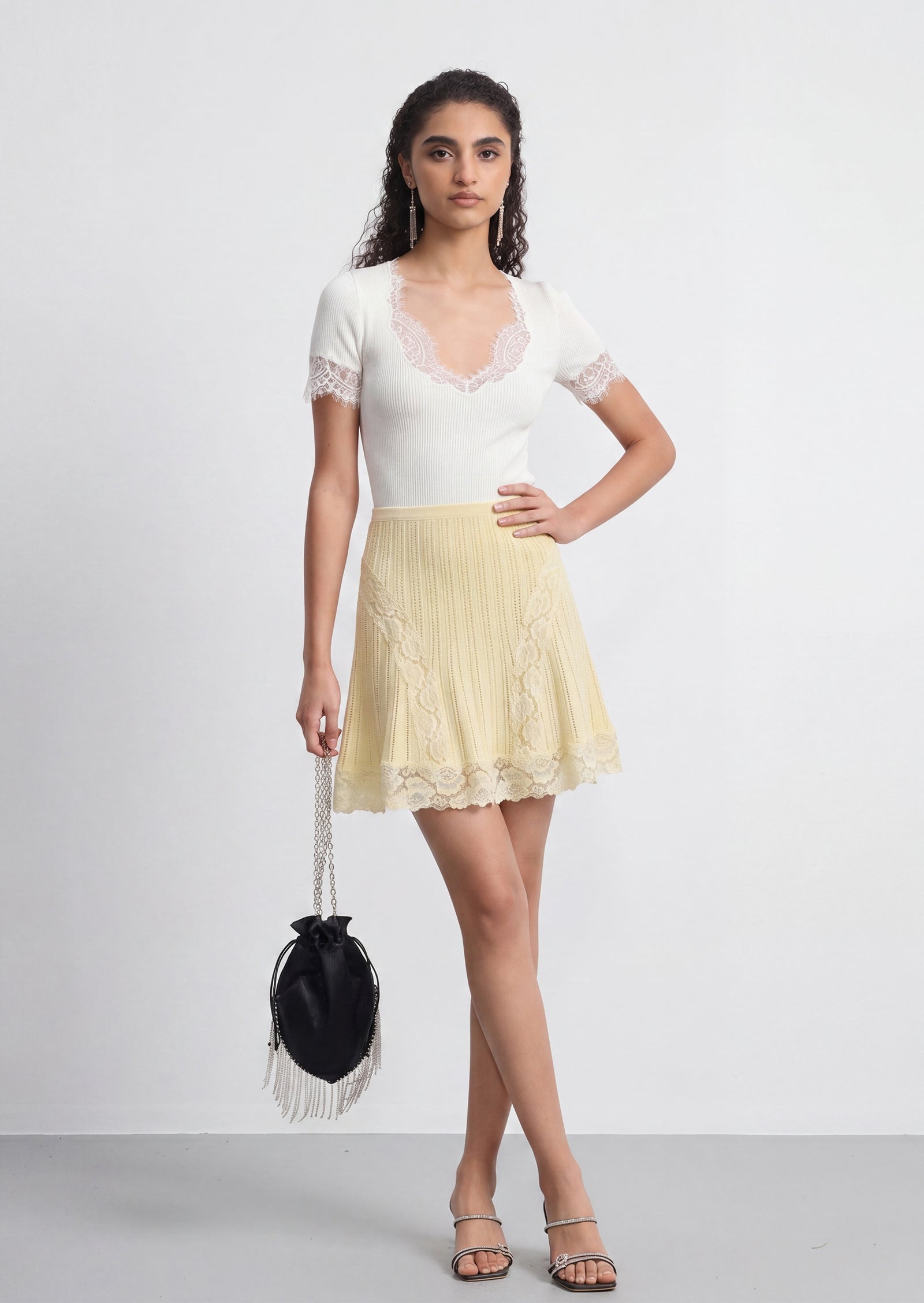 Pointelle Peplum Knit Mini Skirt Set In Yellow