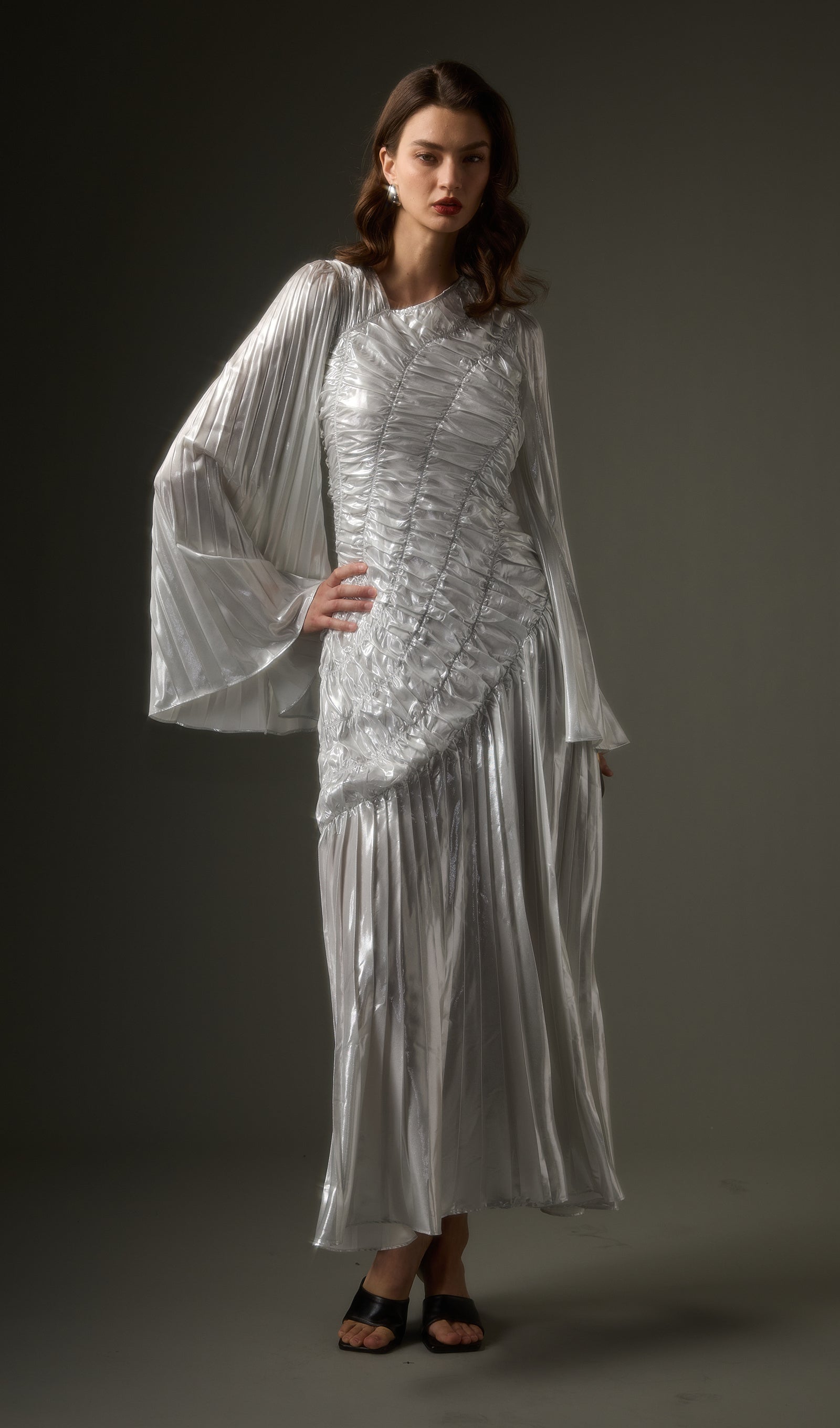 Metallic Long Sleeve Maxi Dress In Silver