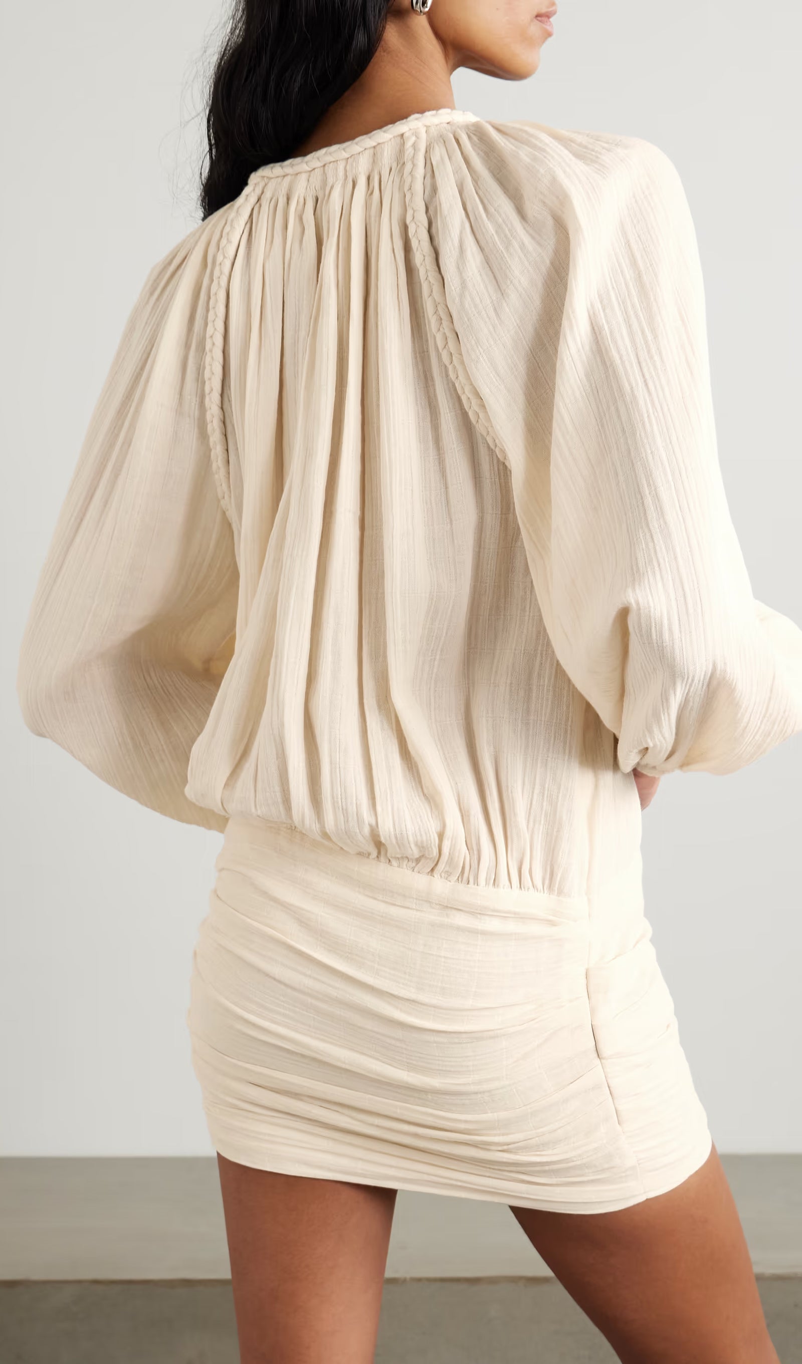 Braided Gathered Cotton Mini Dress In Beige