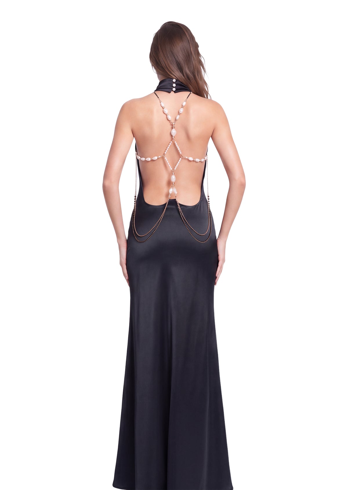 Badar Satin Halter Neck Maxi Dress In Black