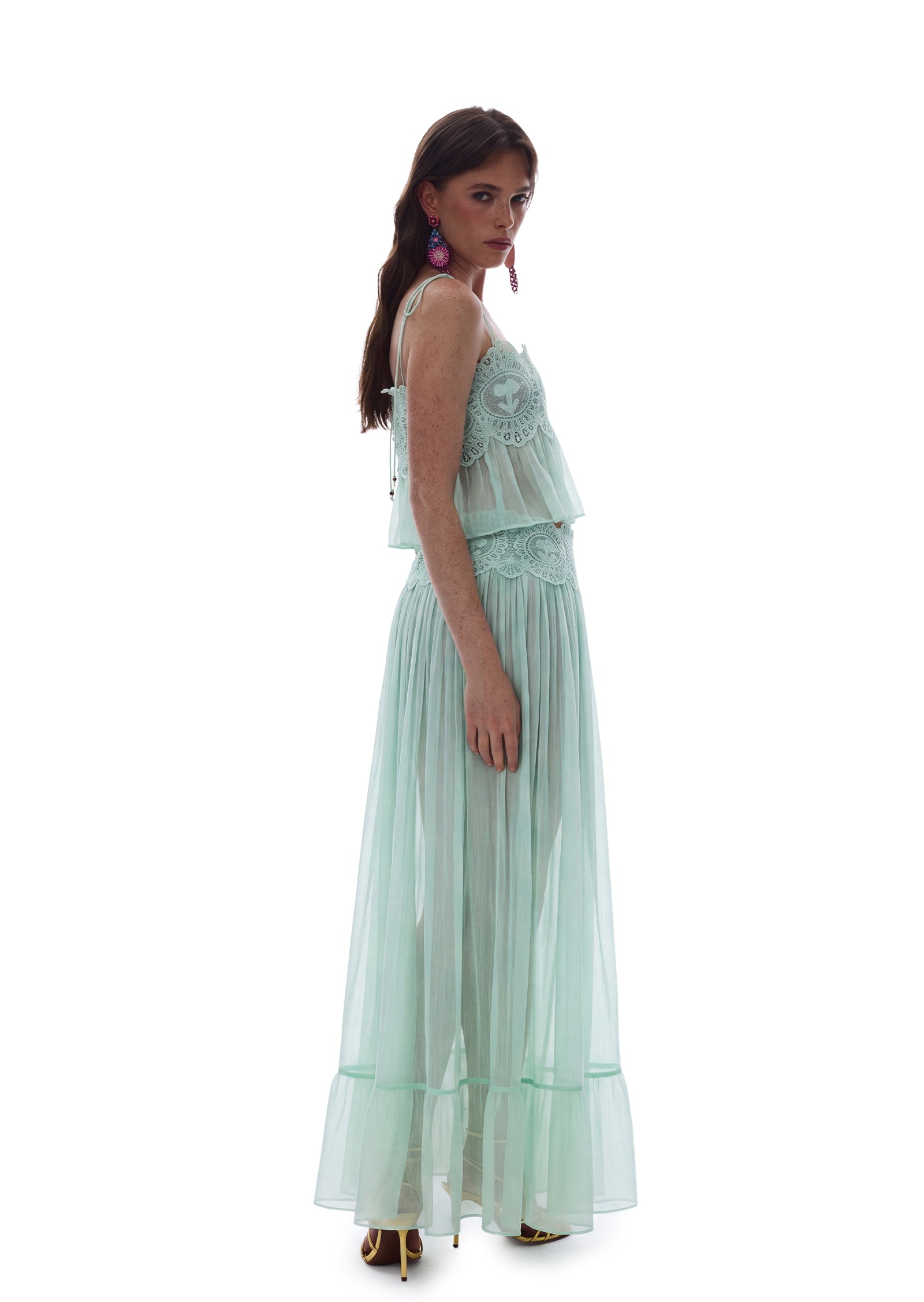 Saber Embroidered Top And Chiffon Skirt Set