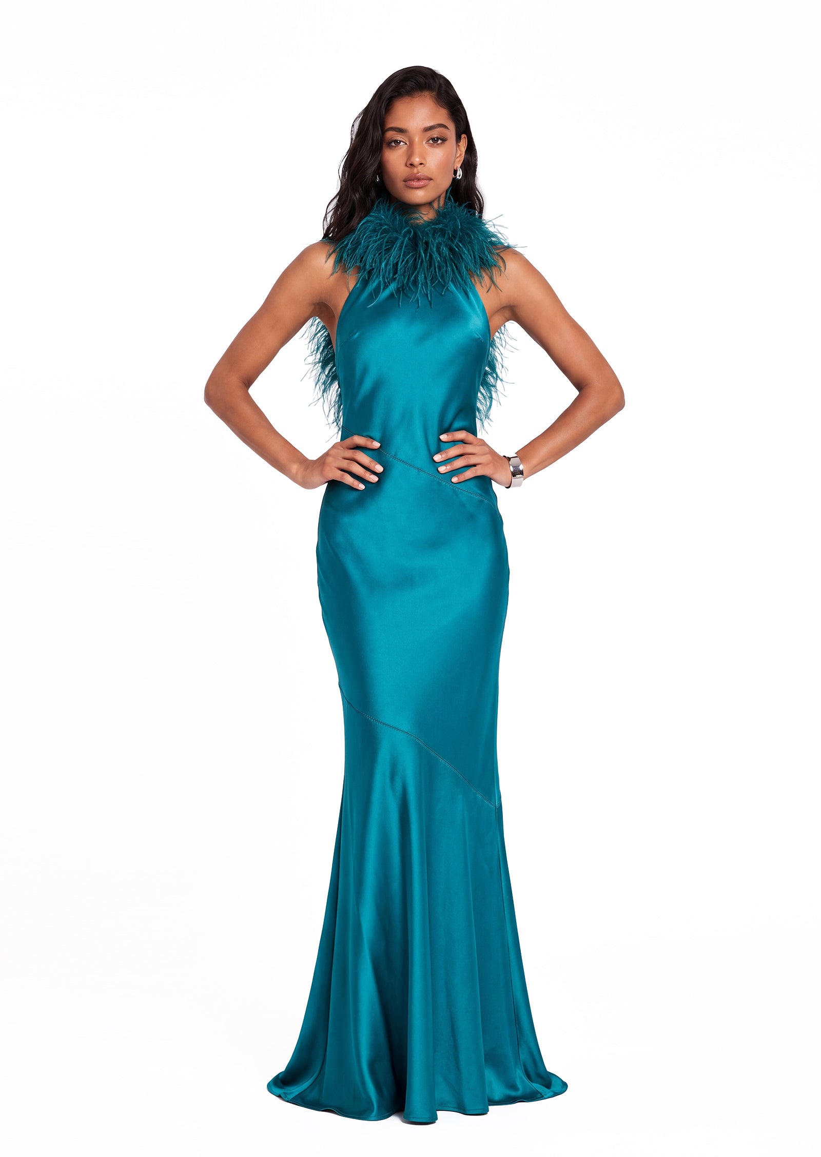 Walden Feather Collar Satin Maxi Dress