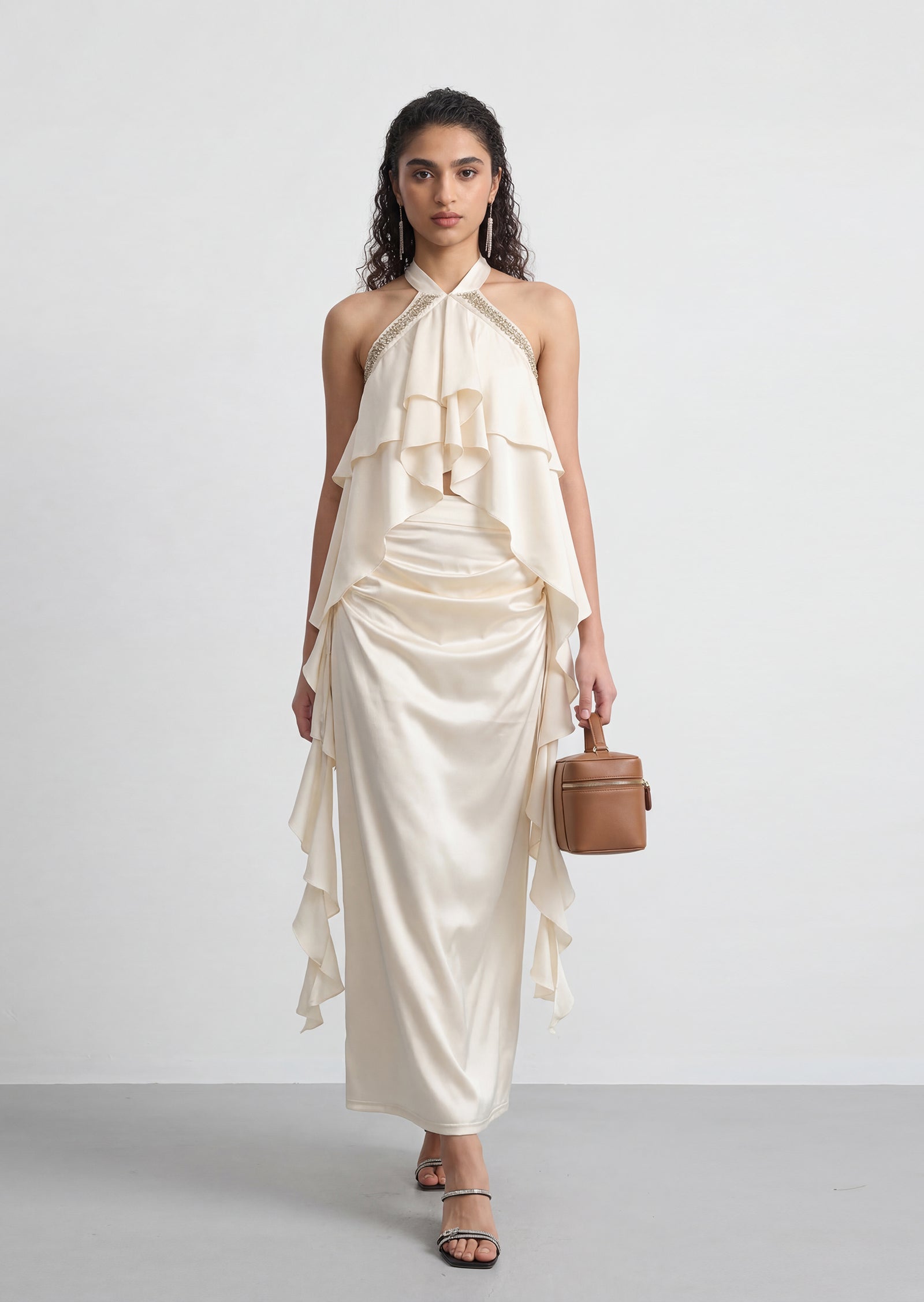 Romelle Halter Ruffled Top & Maxi Satin Skirt Set