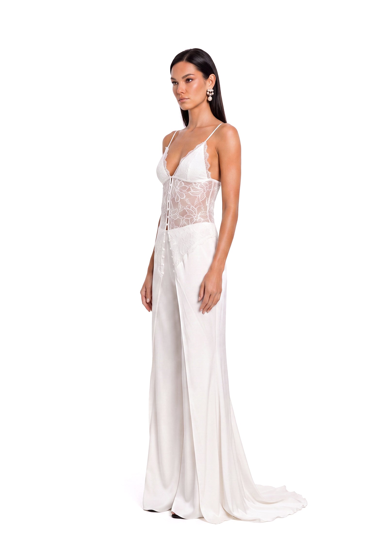 Easton Lace Slit Top And Satin Wide Leg Pants Set