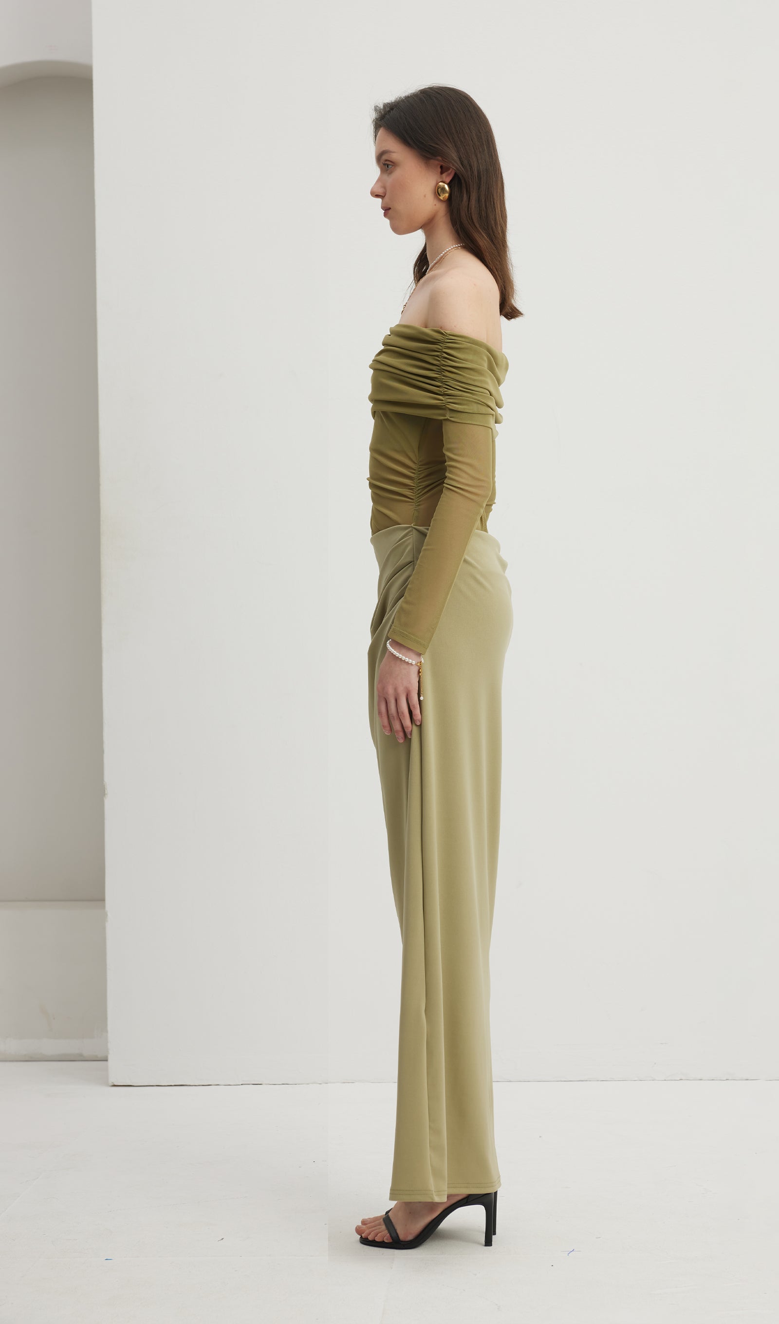 Off Shoulder Sheer Maxi Mesh Green