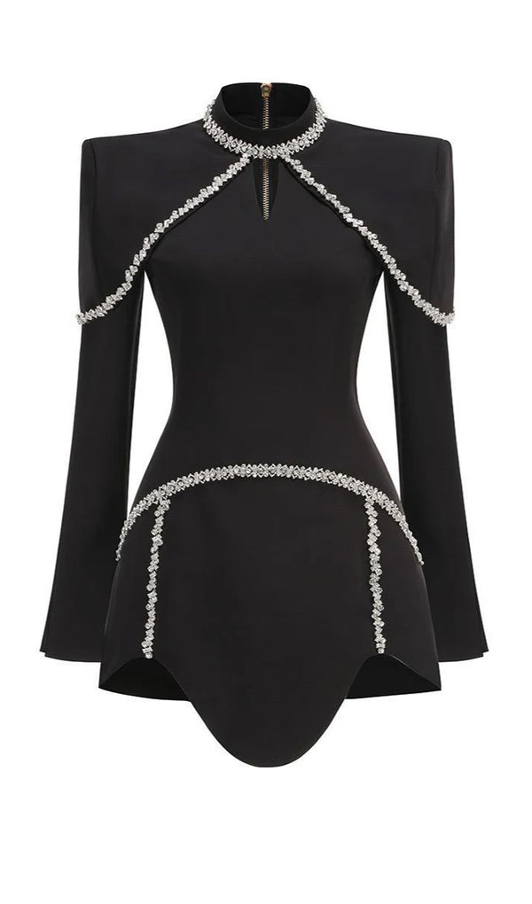 Long Sleeve High Neck Crystal Mini Dress