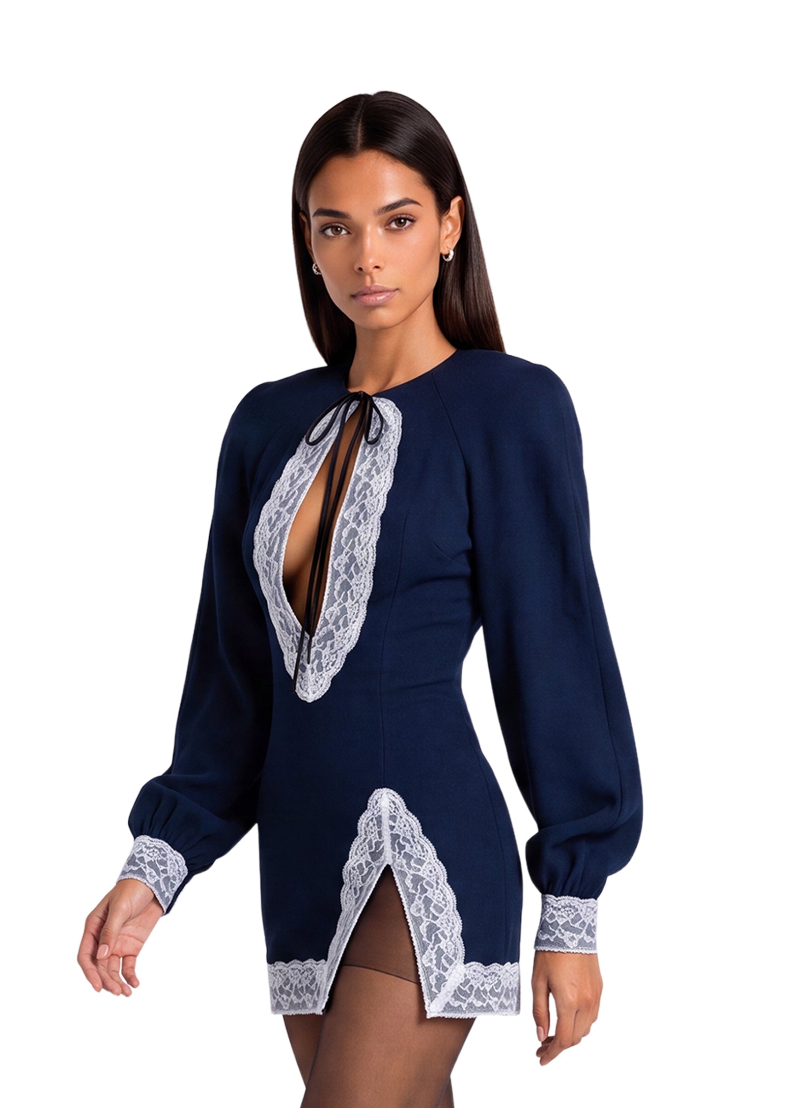 Mayme Slit Long Sleeved Lace Mini Dress