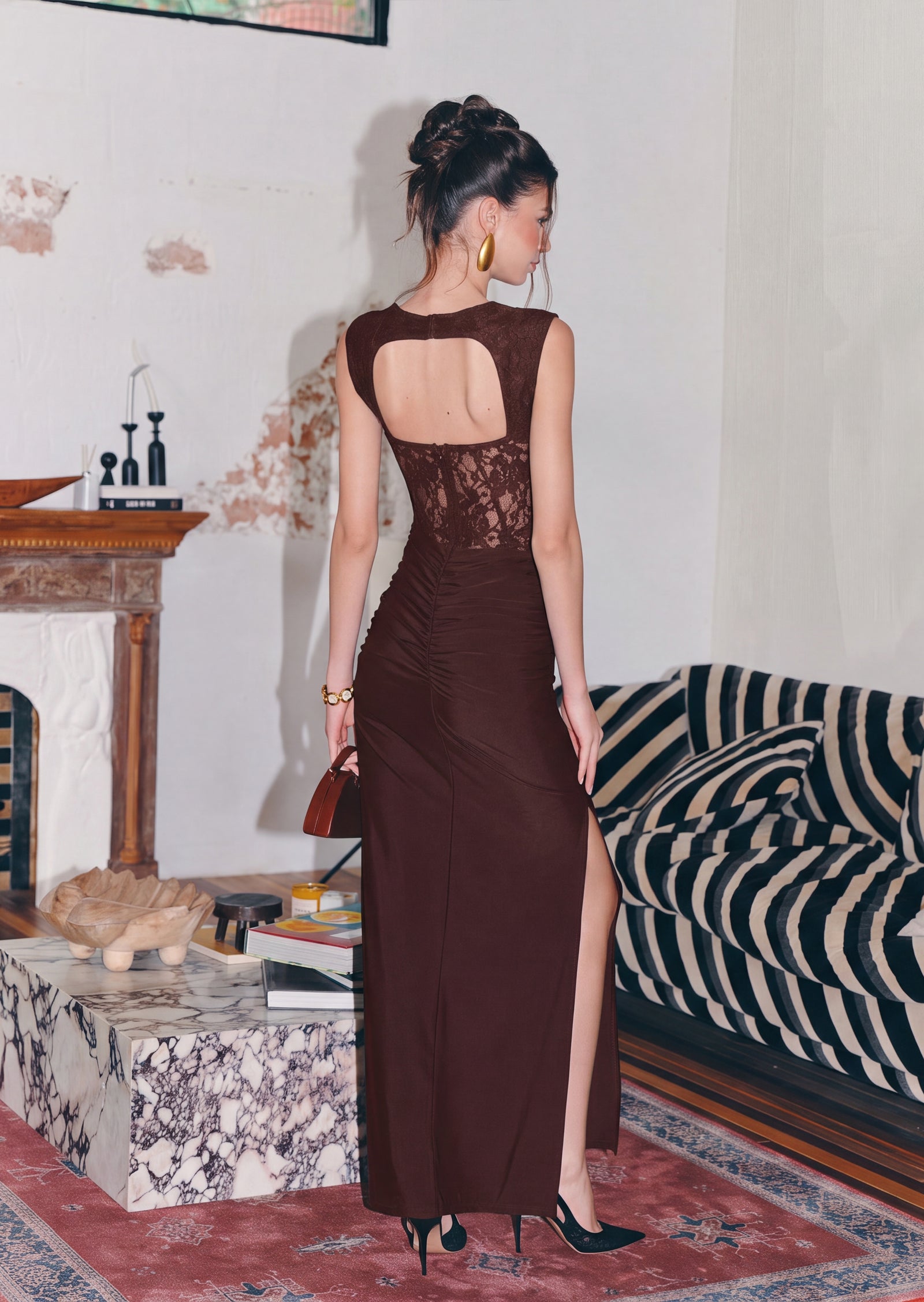 Adaiba Lace Bustier Draped Maxi Dress In Brown