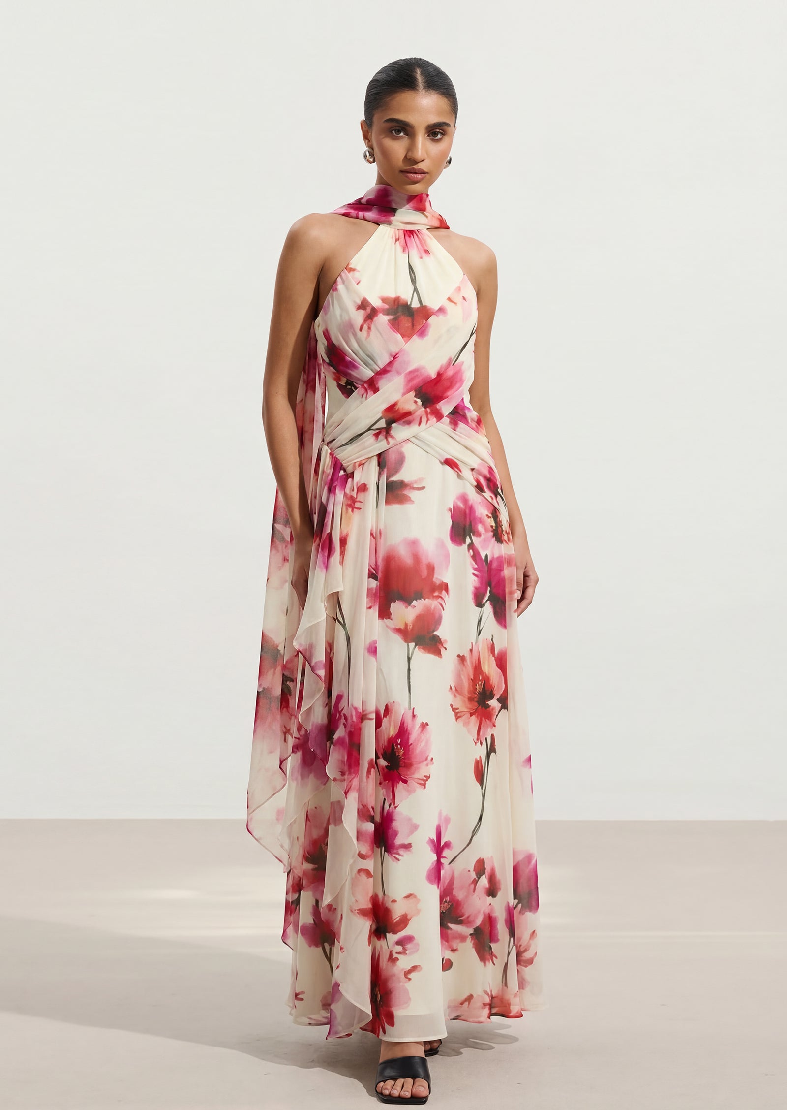 Millen Crinkle Cross Front Georgette Maxi Dress In Floral