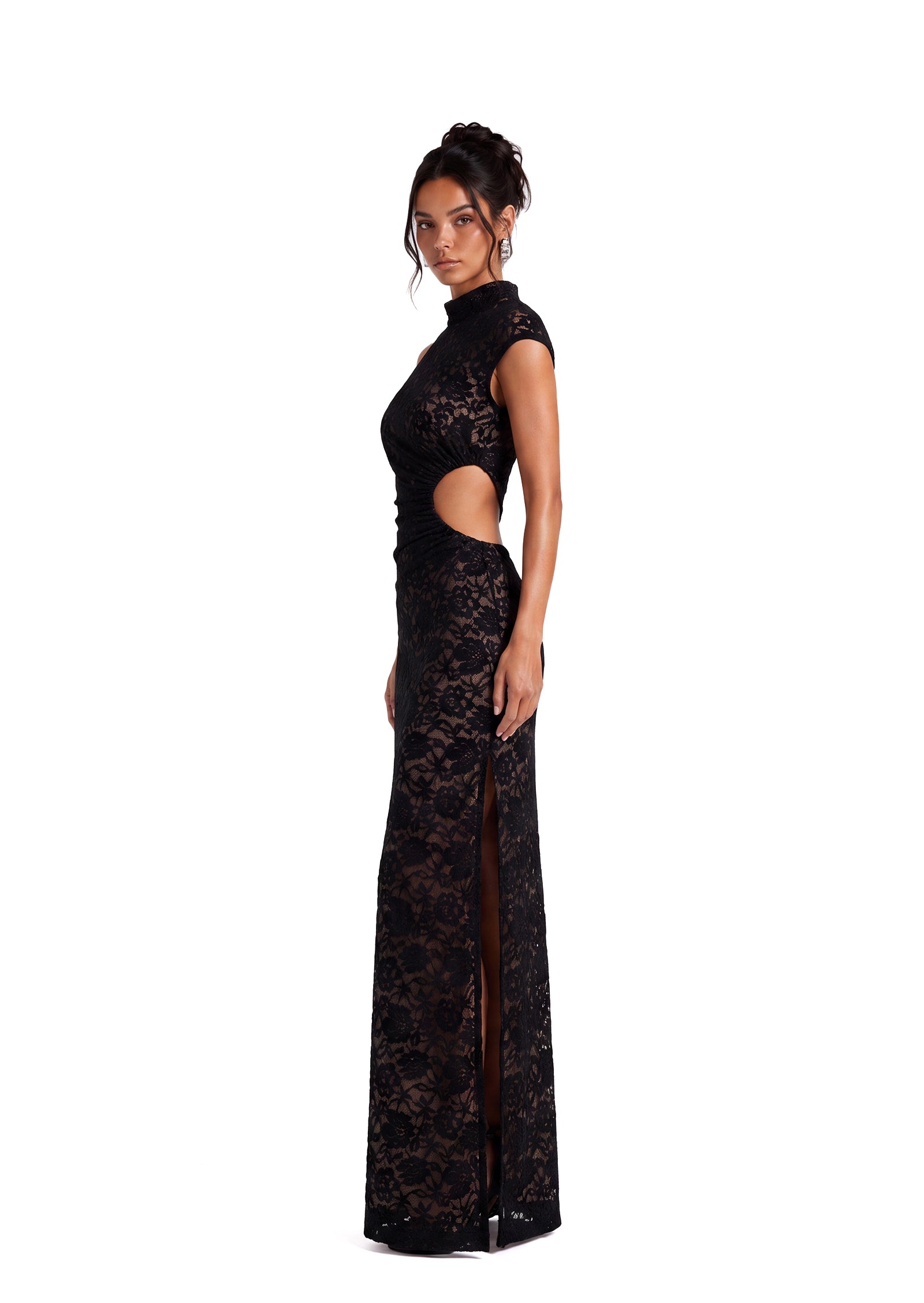 Kahnay  Stand Up Collar Lace Maxi Dress In Black