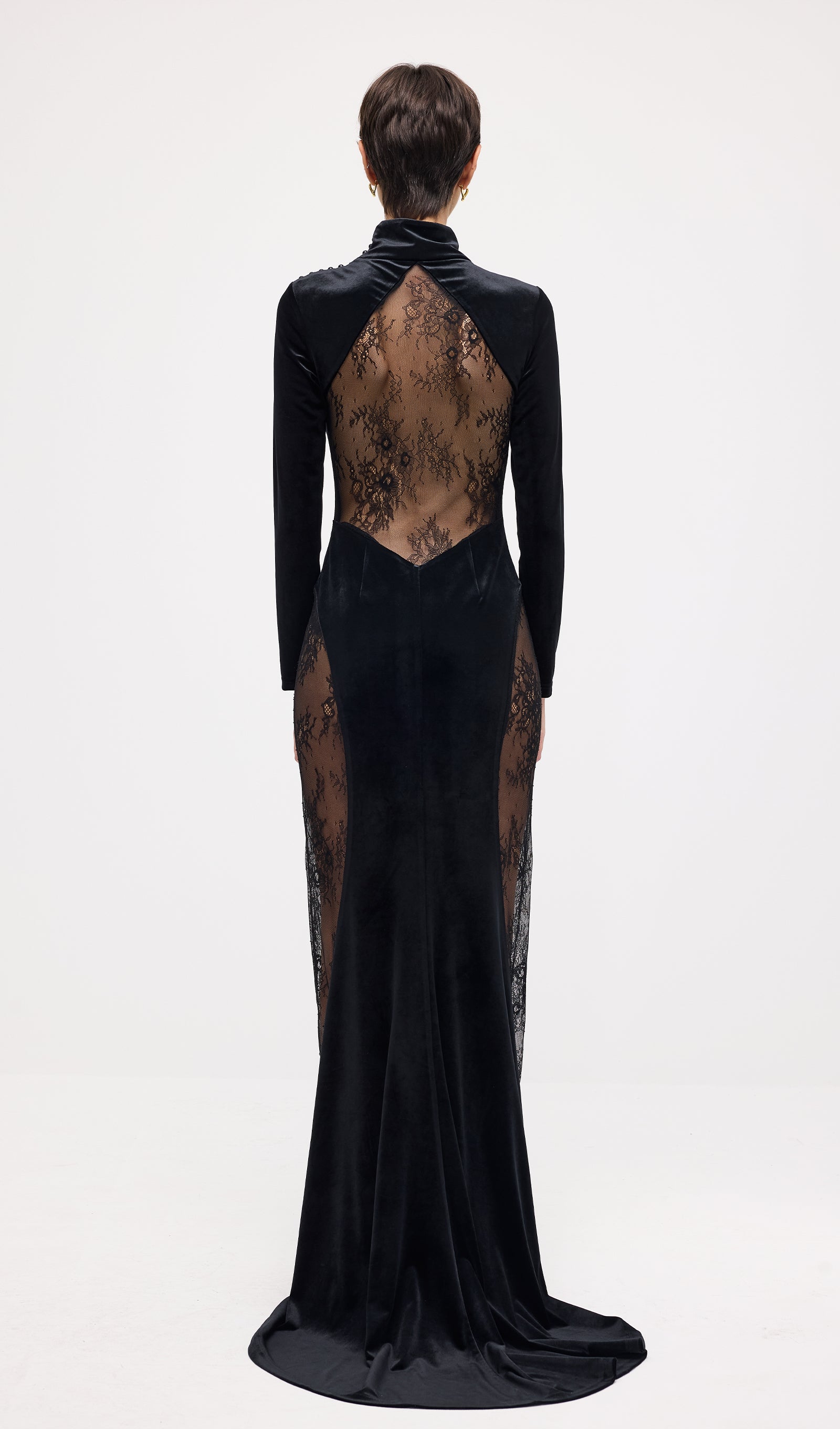 Semi-Sheer Lace Velvet Maxi Dress