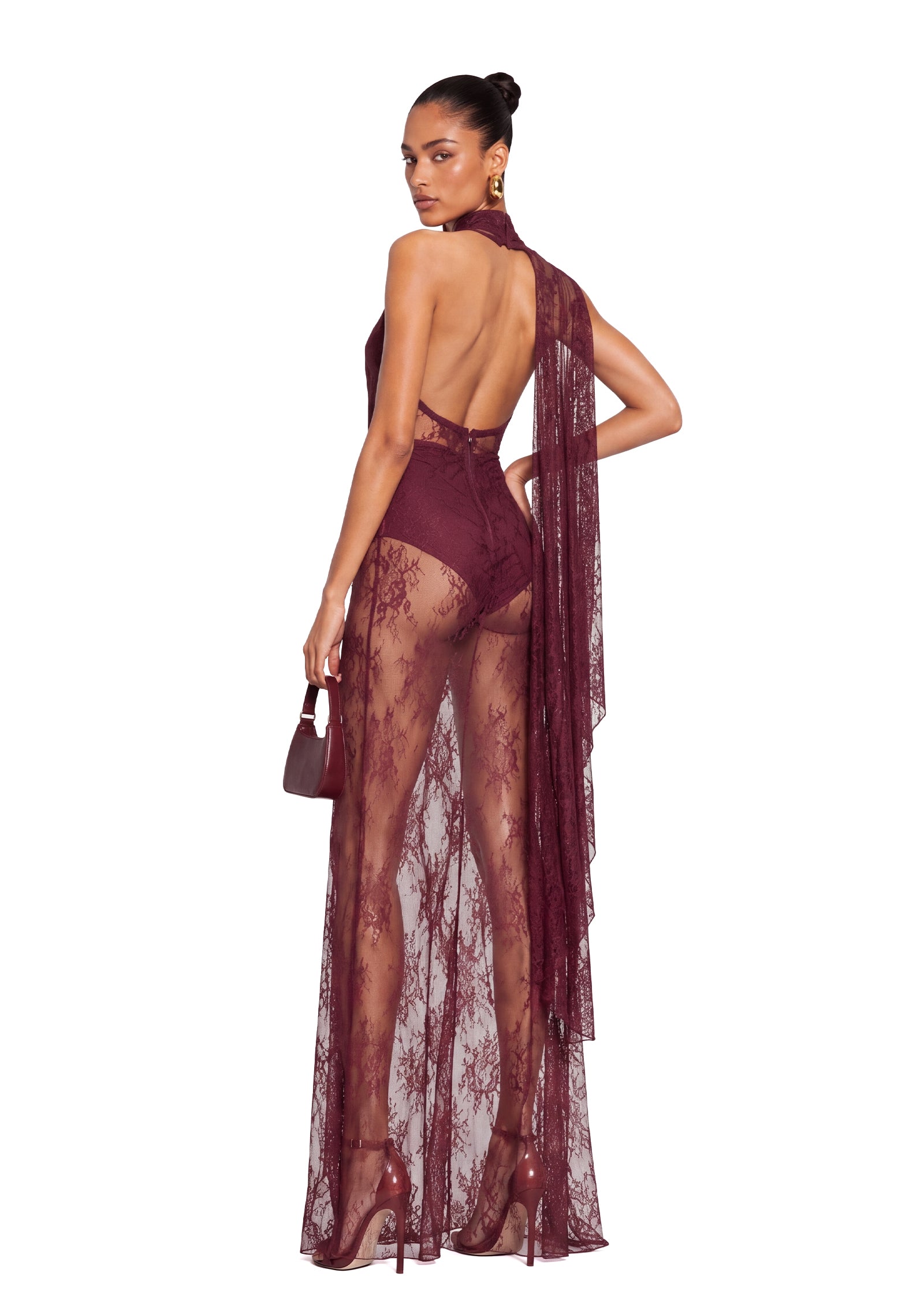 Xidorn Lace Backless Maxi Dress In Claret