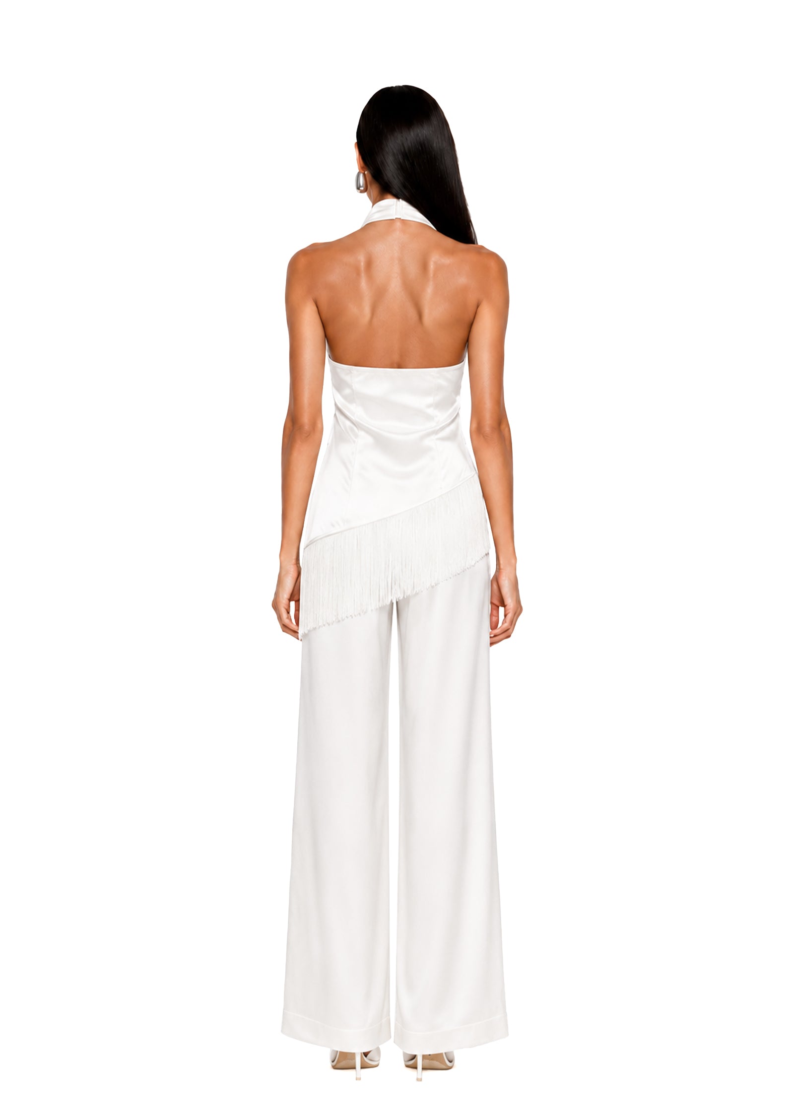 Wahkan Fringe Halter Top & Satin Pants Set In White