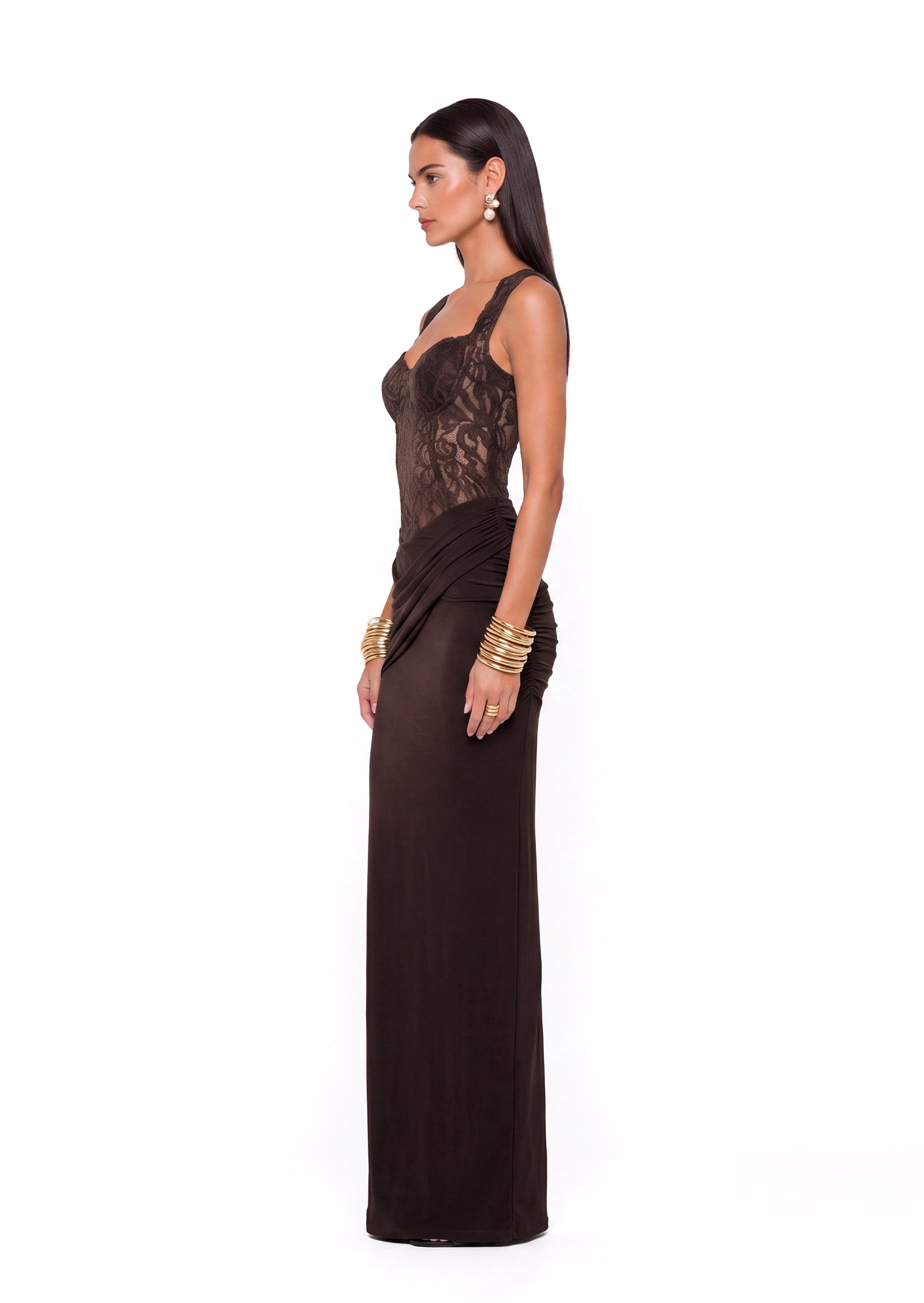 Adaiba Lace Bustier Draped Maxi Dress In Brown