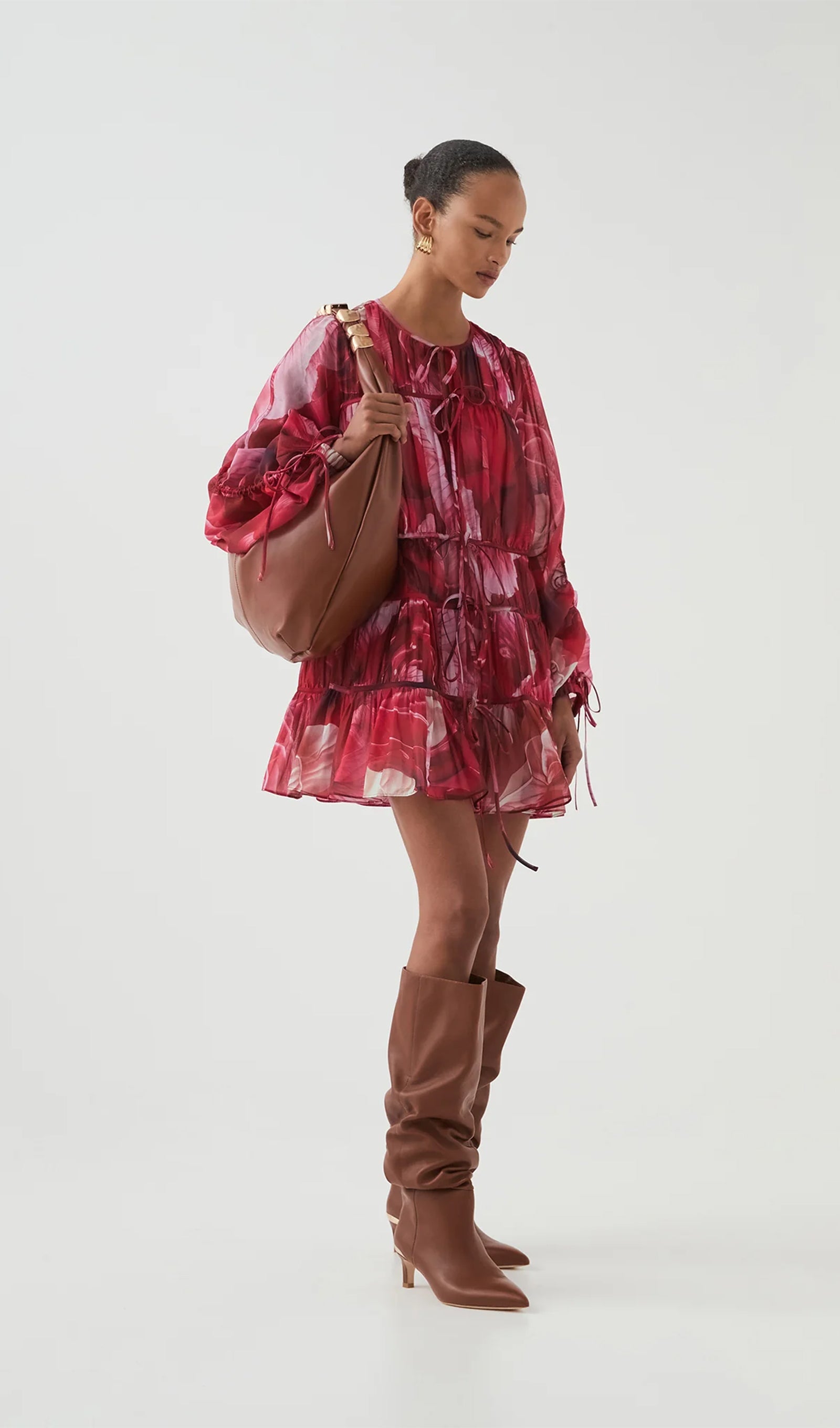 Midikleid in A-Linie mit Blumenmuster und Laternenärmeln