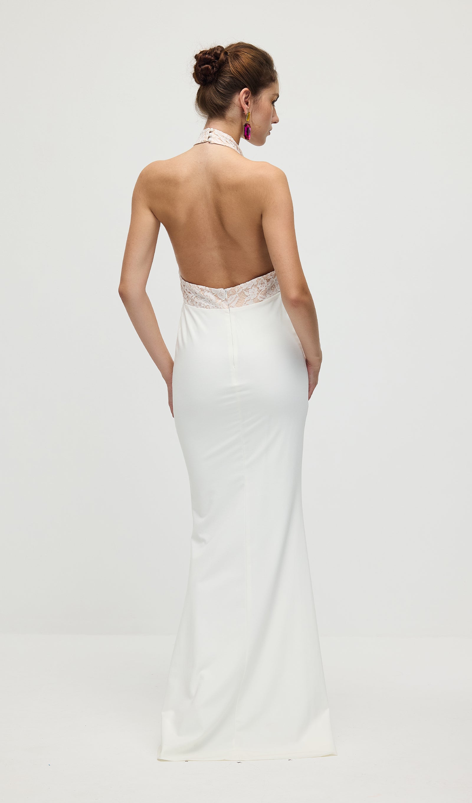 Gathered Lace Jersey Halterneck Dress