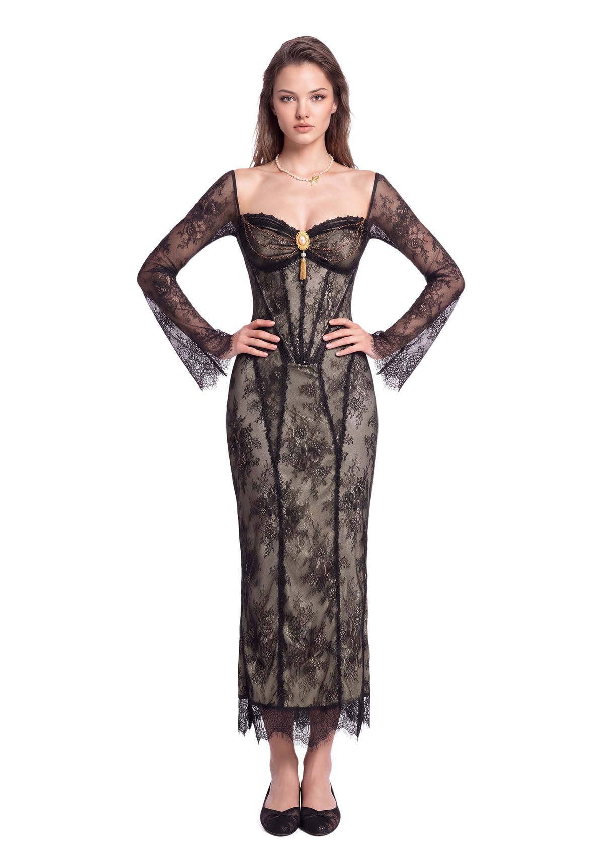 Midikleid in A-Linie mit Blumenmuster und Laternenärmeln