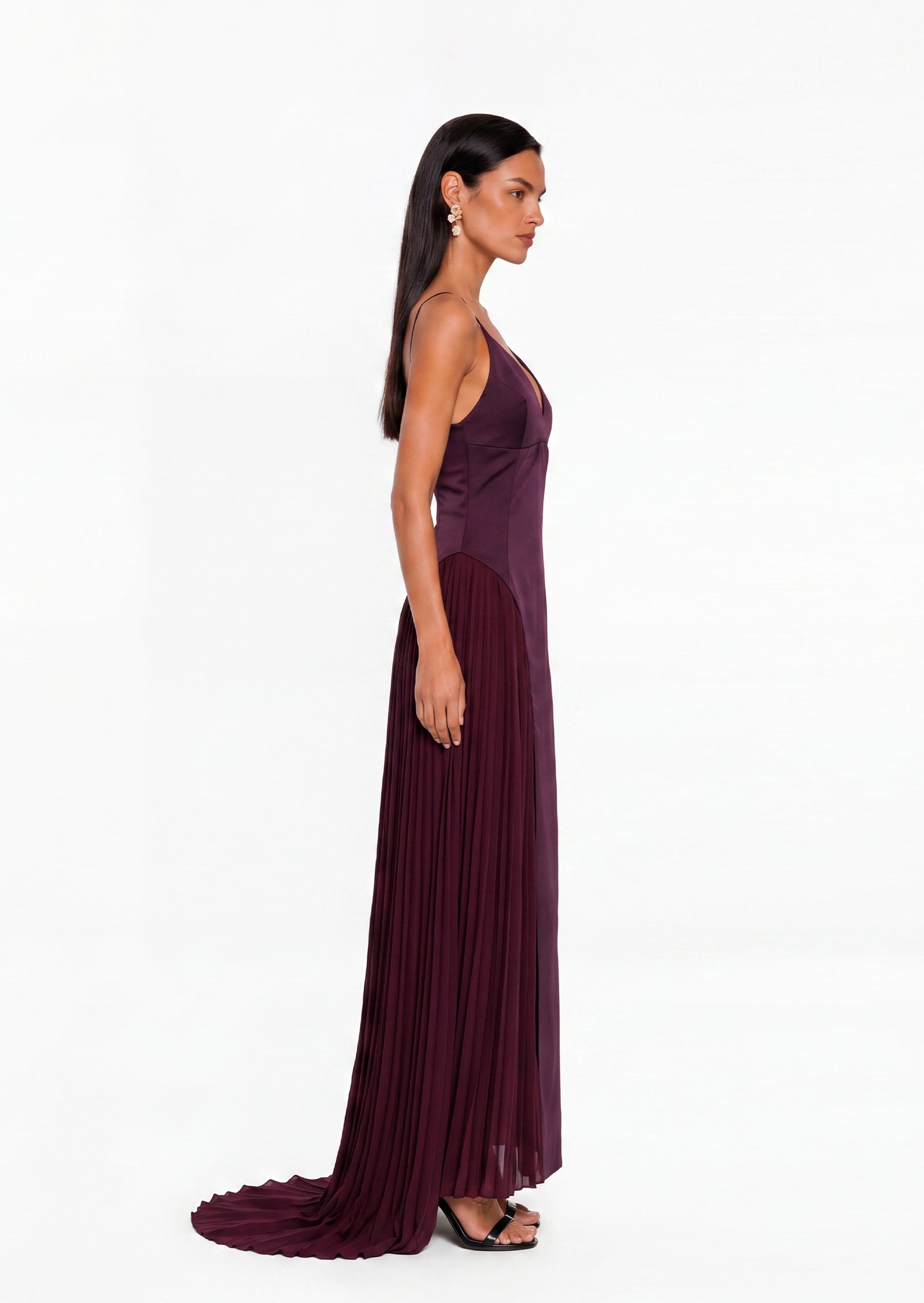 Caius V Neck Pleated Maxi Dress In Plum
