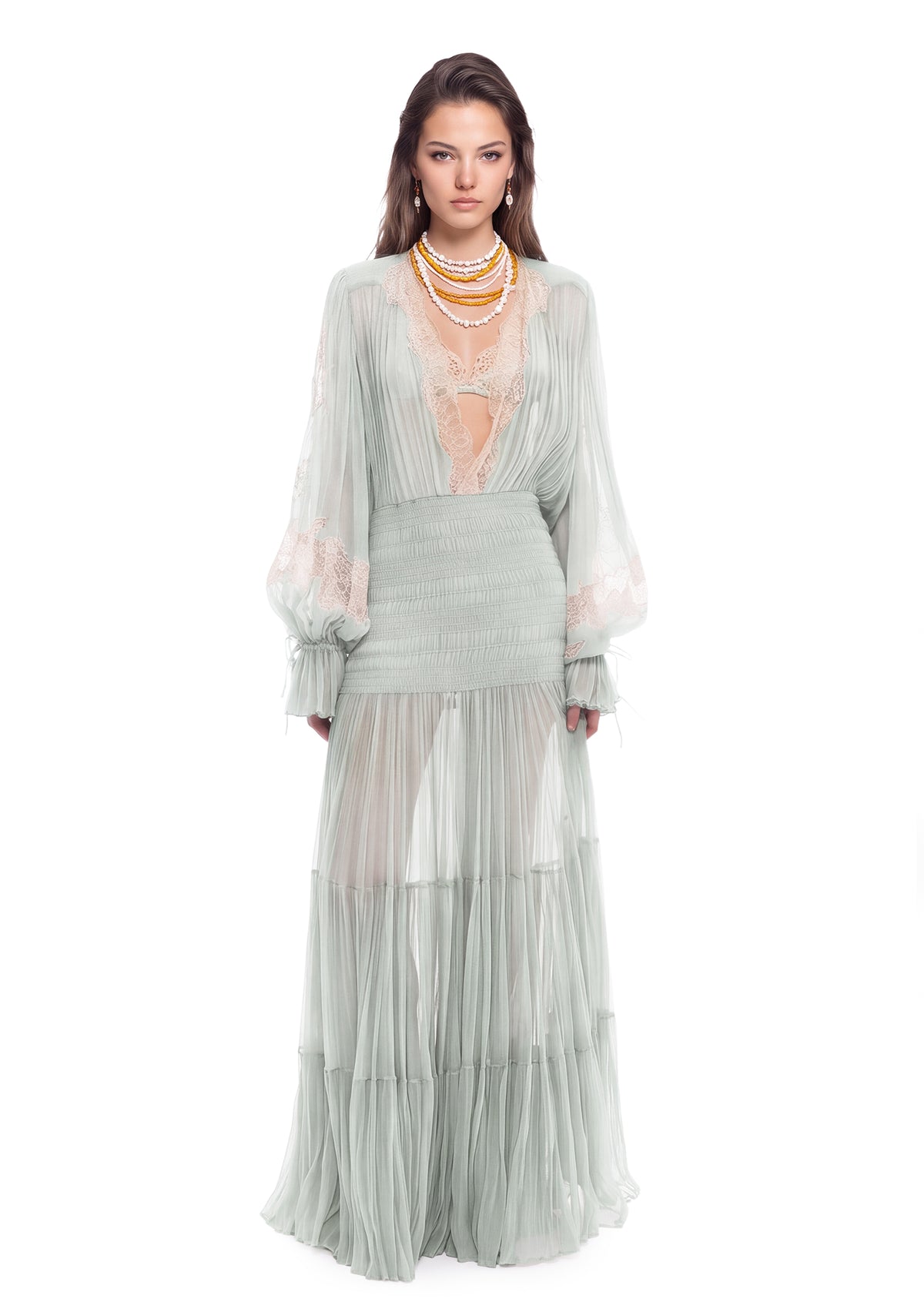 Macario Long Sleeve Lace Maxi Dress  In Light Gray