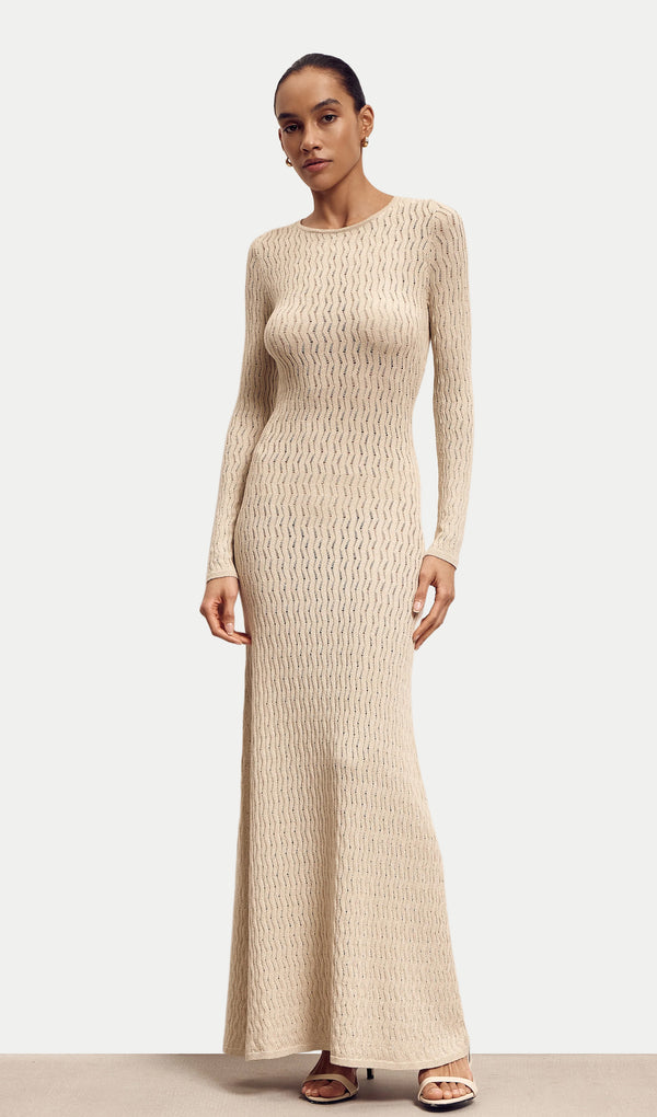 Backless Round Neck Long Sleeved Knit Dress In Apricot