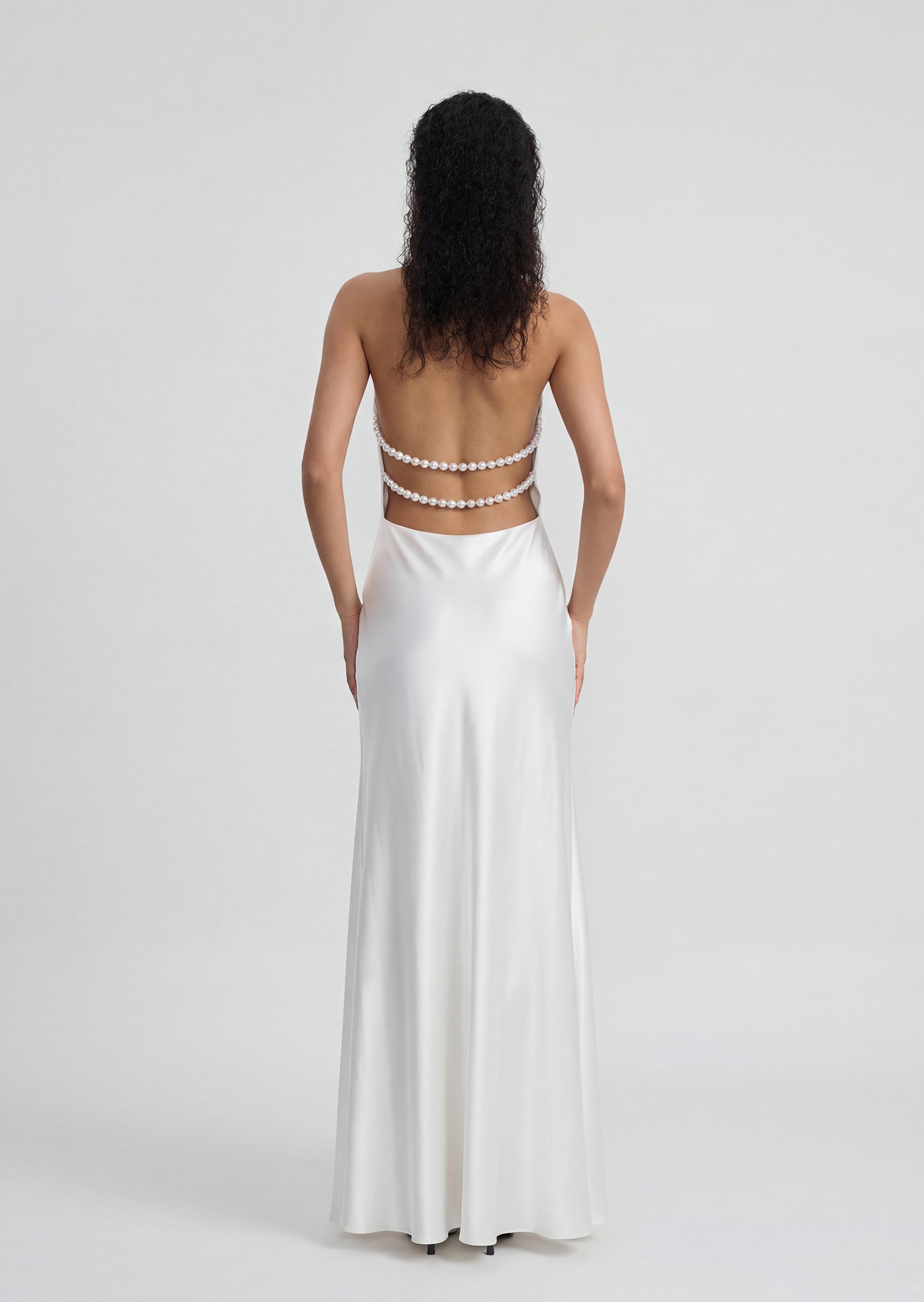 Satin Pearl Decor Maxi Dress In White